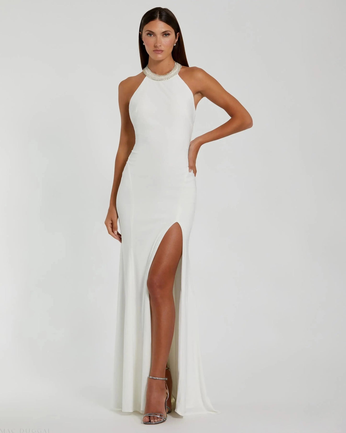 White Beaded Halter Jersey Gown