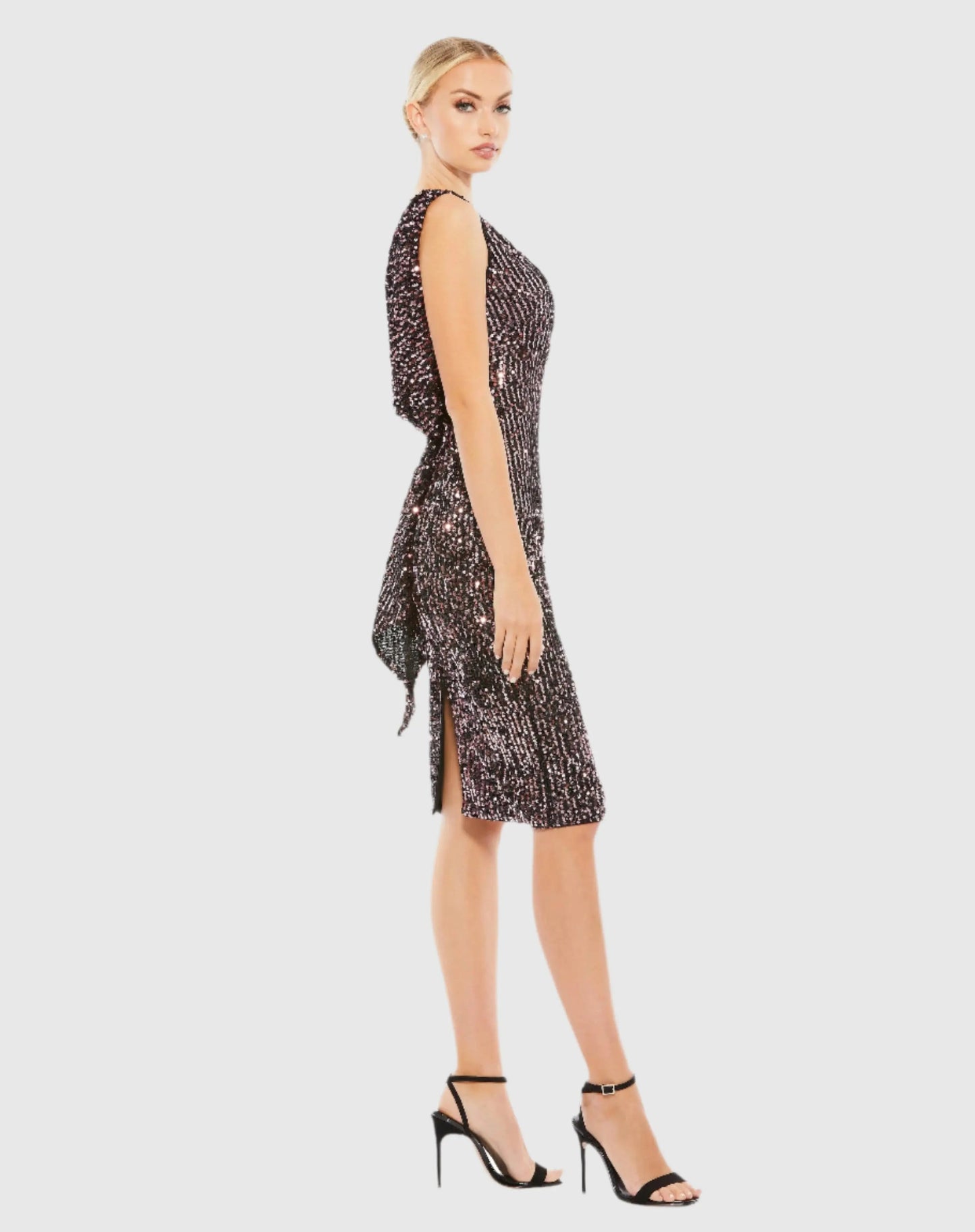 Black and Pink Draped Back Boat Neck Sequined Cocktail Dress