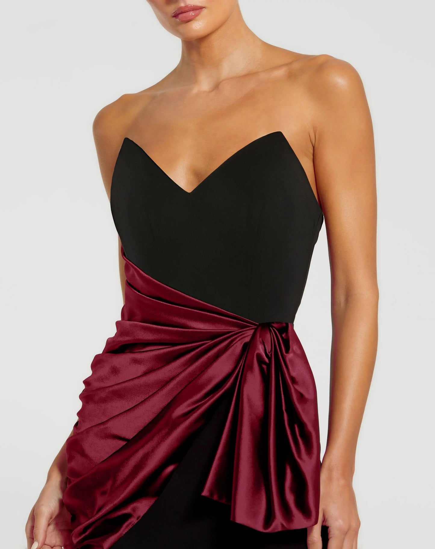 Black Two Tone Draped Strapless Trumpet Gown