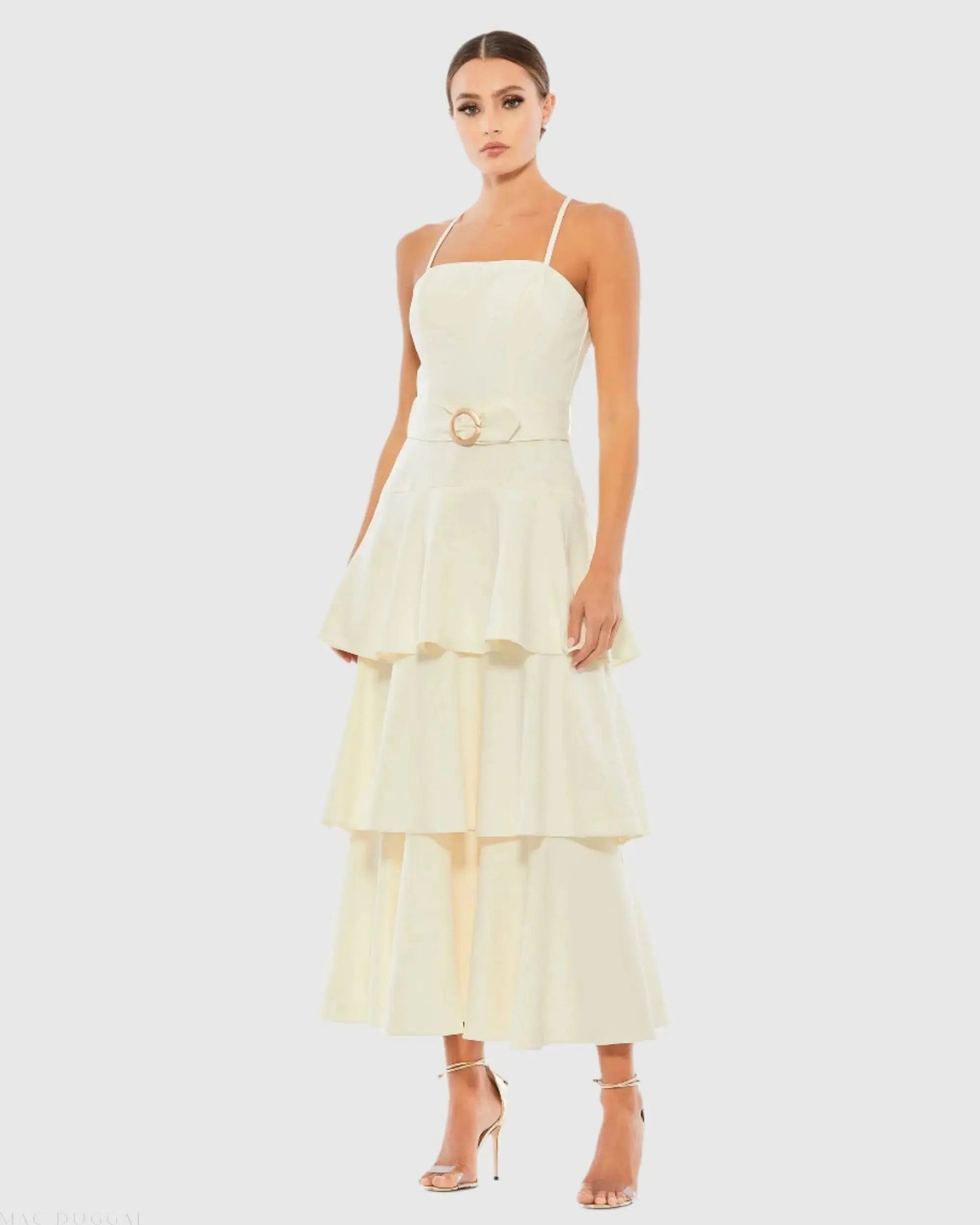 White Belted Tiered Ruffle Sleeveless Midi Dress