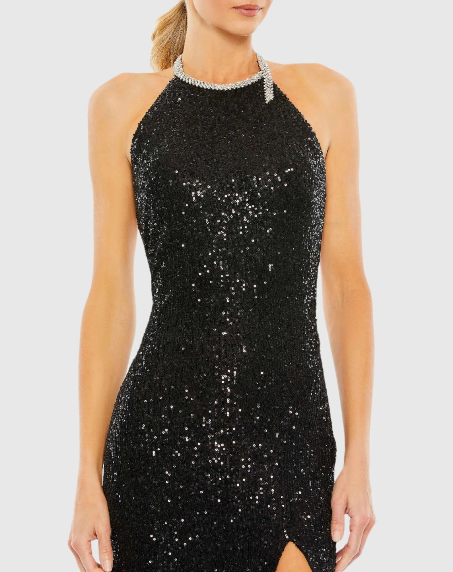 Black Sequined High Neck Rhinestone Trim Column Gown