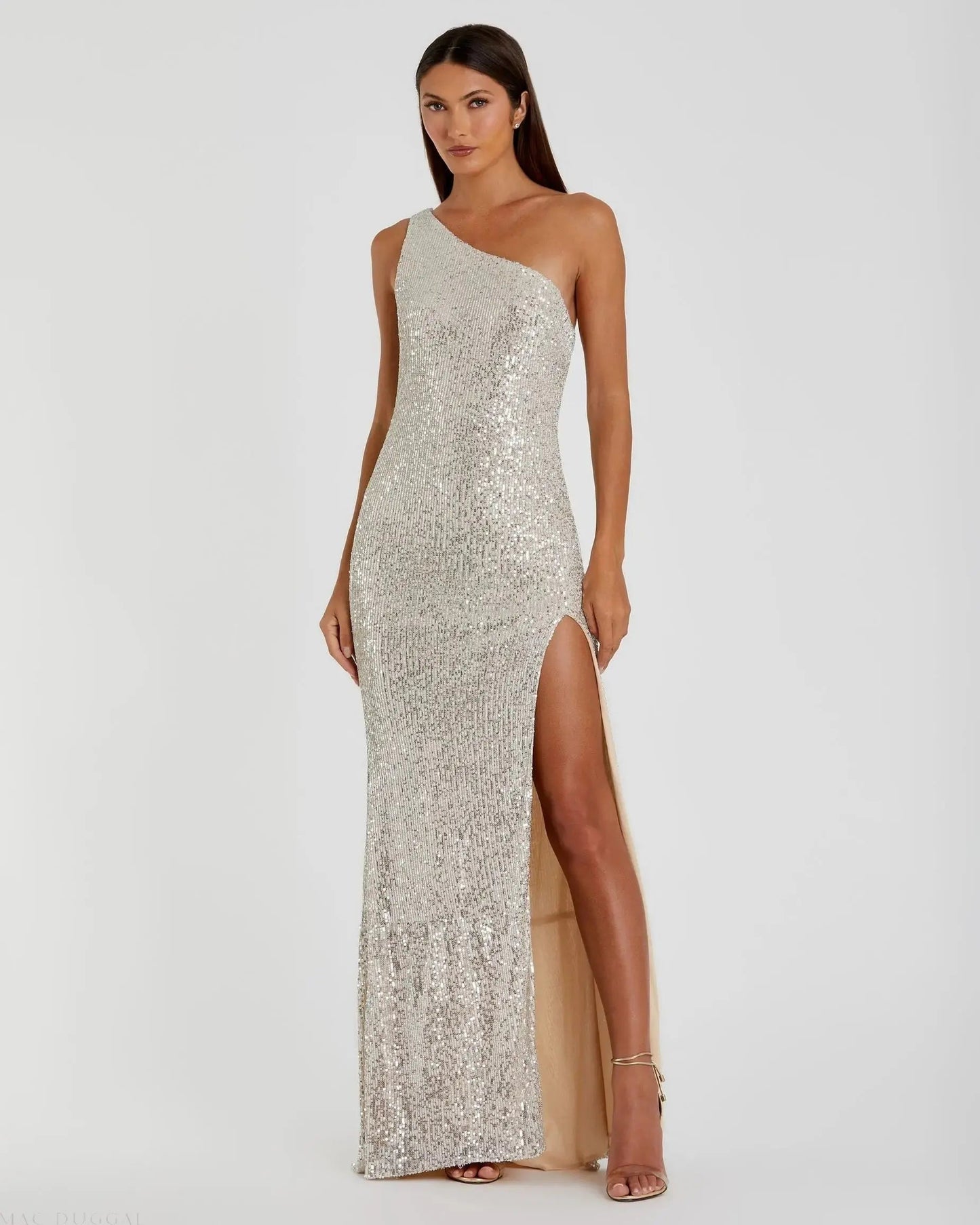 Sequined One Shoulder Draped Back Gown