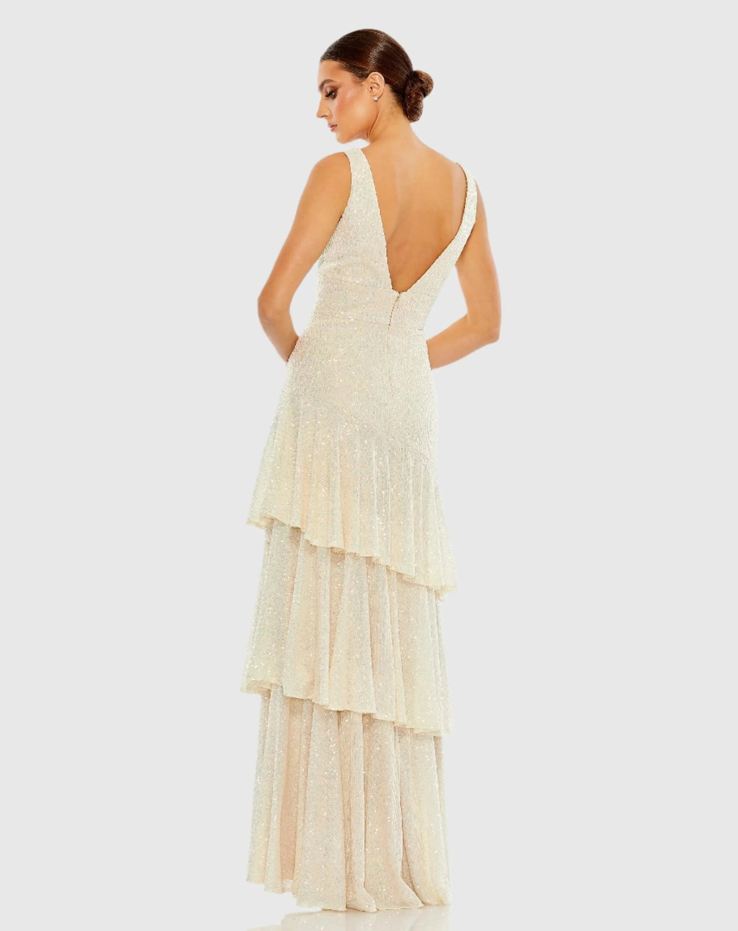 Beige Sequin Asymmetrical Ruffle Tiered Gown