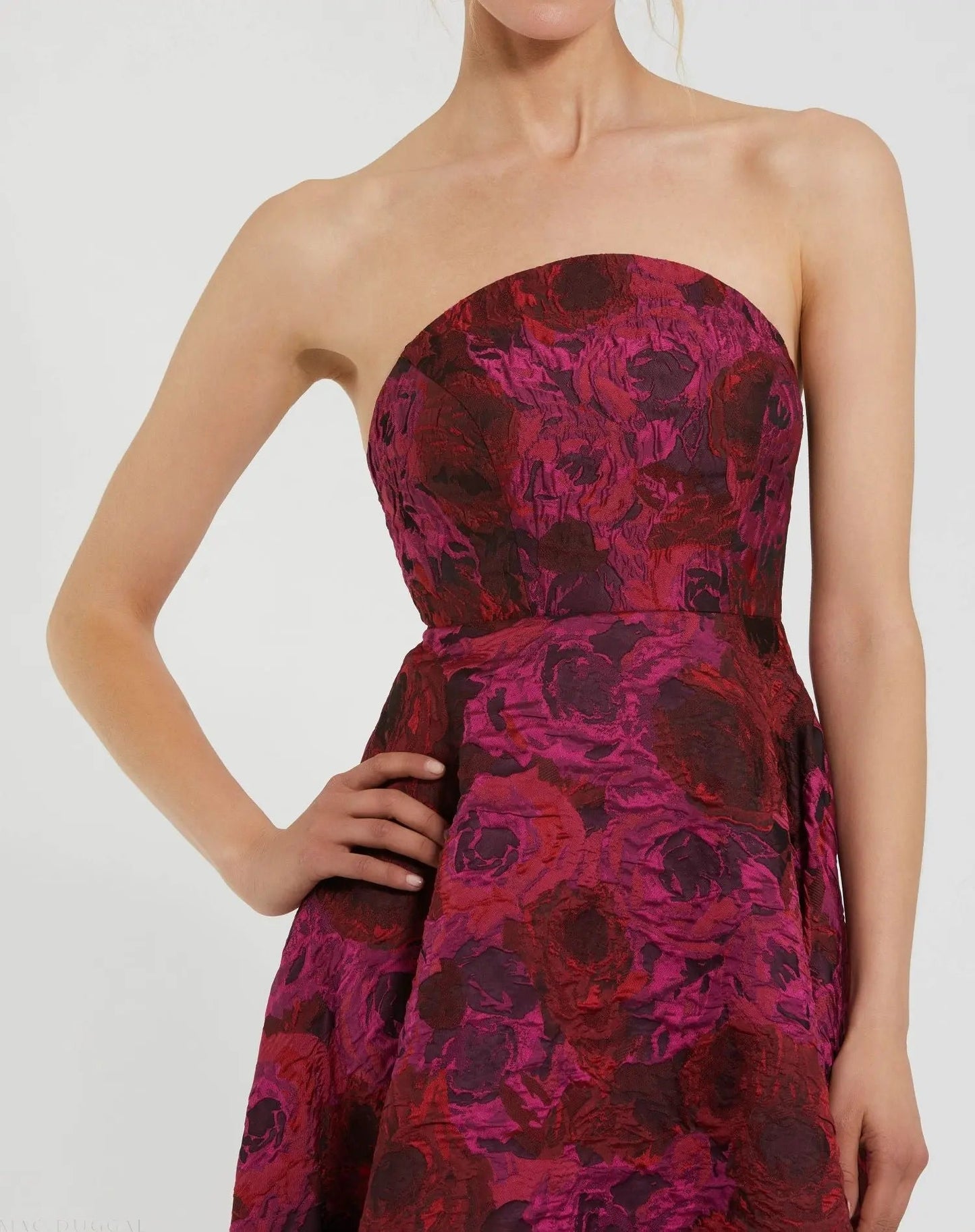 Multicolor Strapless Brocade High Low A Line Gown