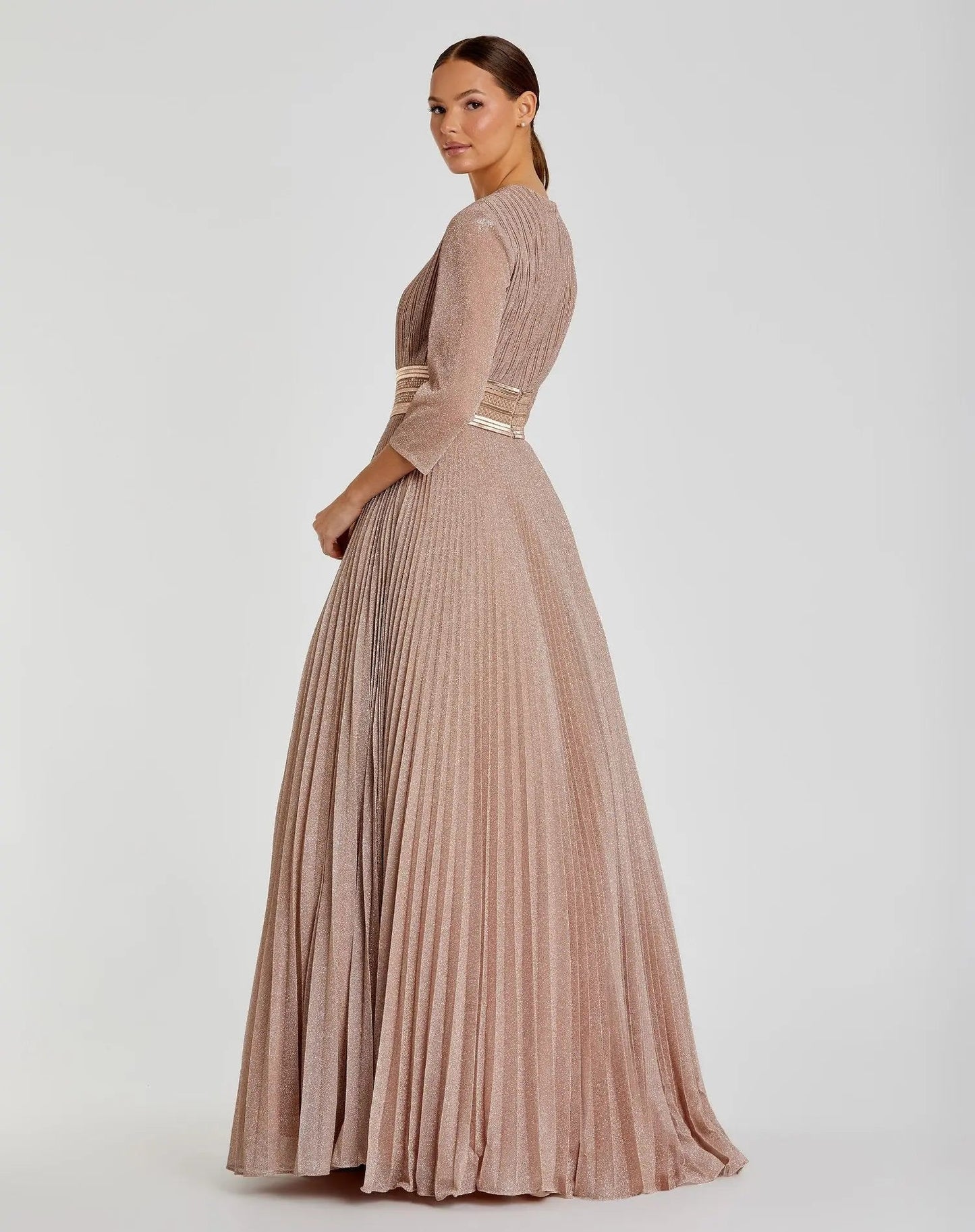 Pink Shimmering Pleated  3/4 Sleeve Ball Gown