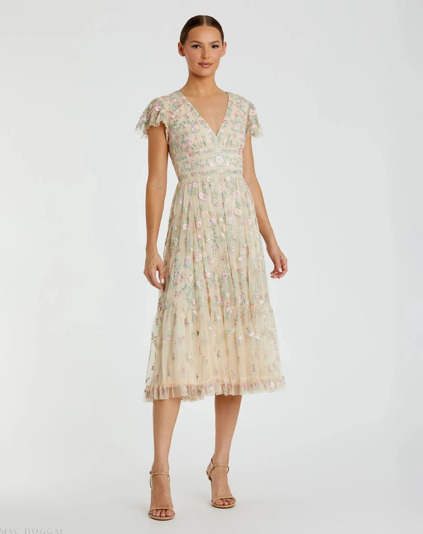 Embroidered V Neck Cap Sleeve Midi Dress