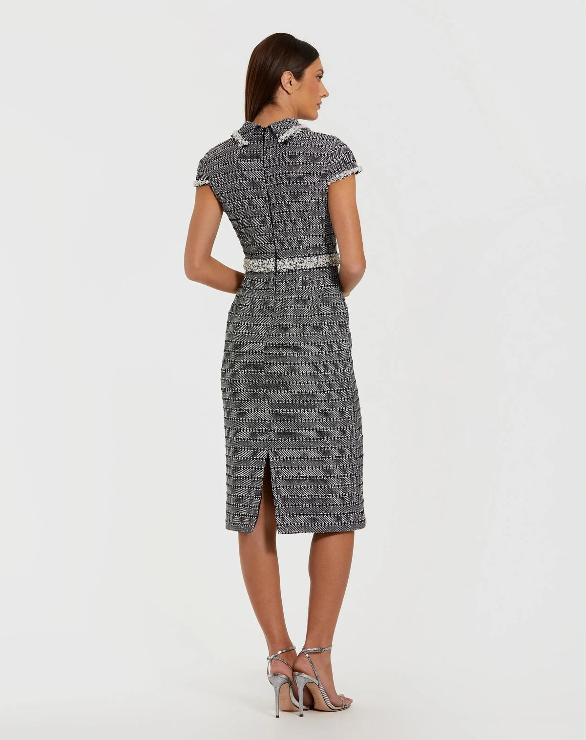Black Embellished Cap Sleeve Boucle Midi Dress