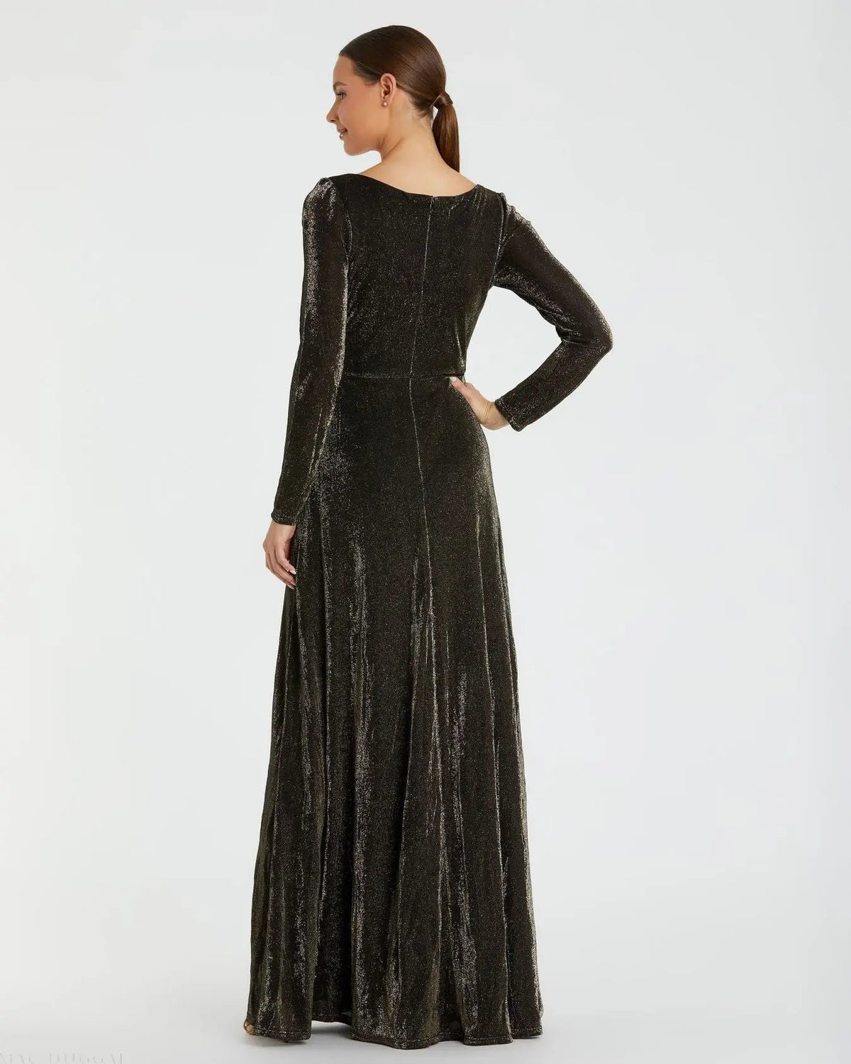 Black Long Sleeve Faux Wrap A Line Gown - FINAL SALE