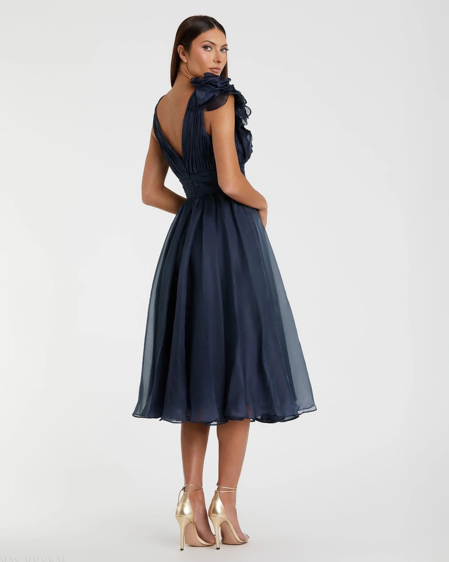 Navy Sleeveless Chiffon A-Line Tea Length Cocktail Dress