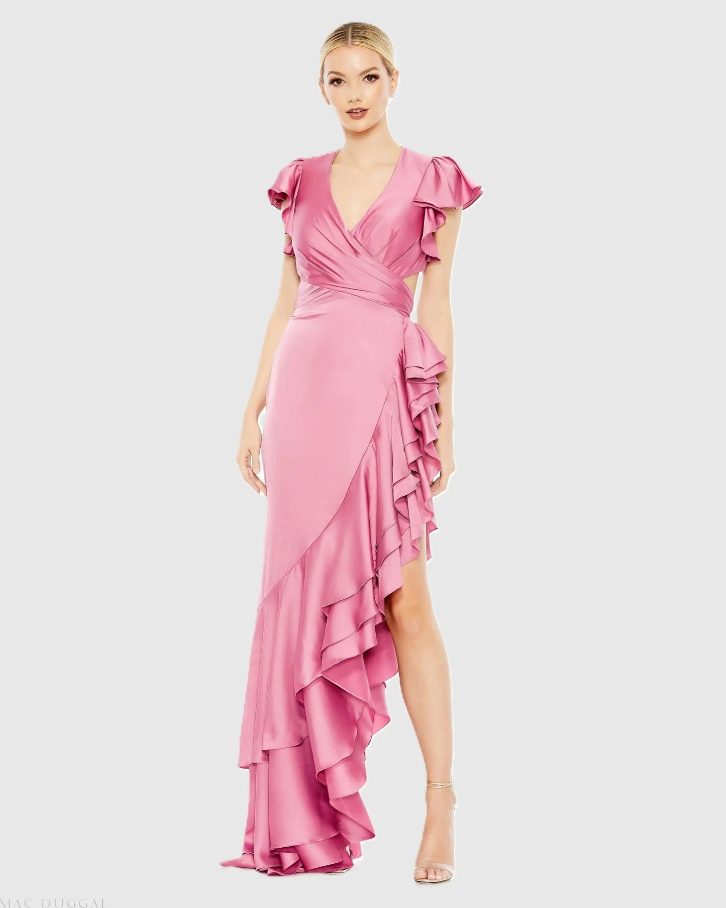 Pink Flutter Sleeve Cut Out Asymmetrical Ruffled Gown - FINAL SALE