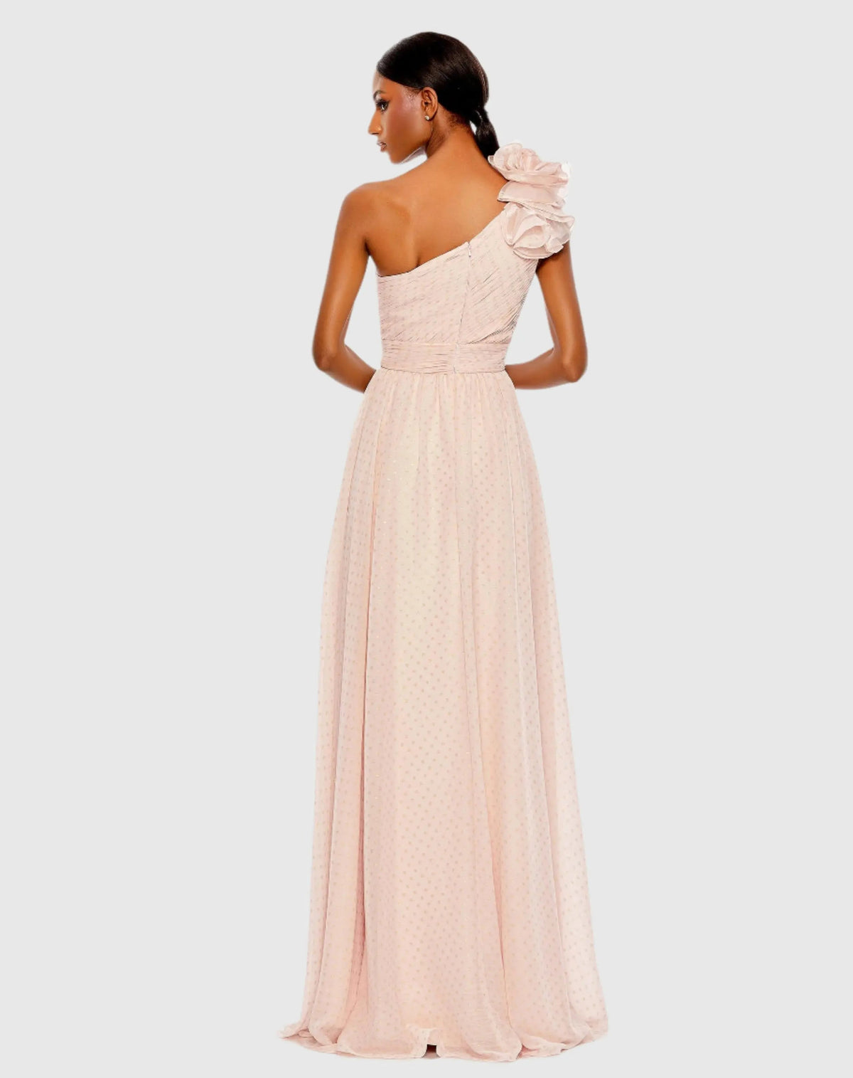 Pink Polka Dot Ruffled One Shoulder Gown