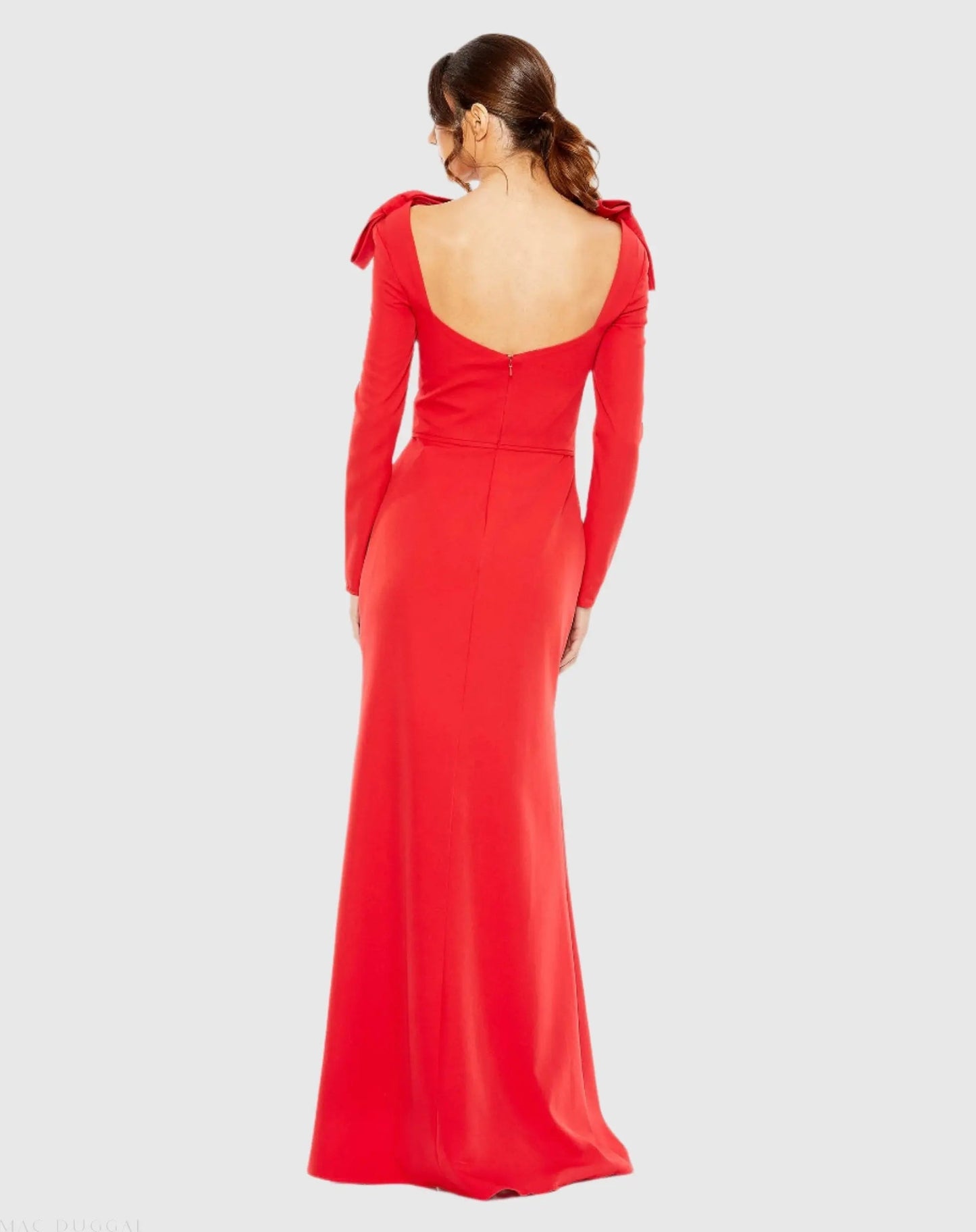 Red Empire Waist Long Sleeve Bow Shoulder Gown
