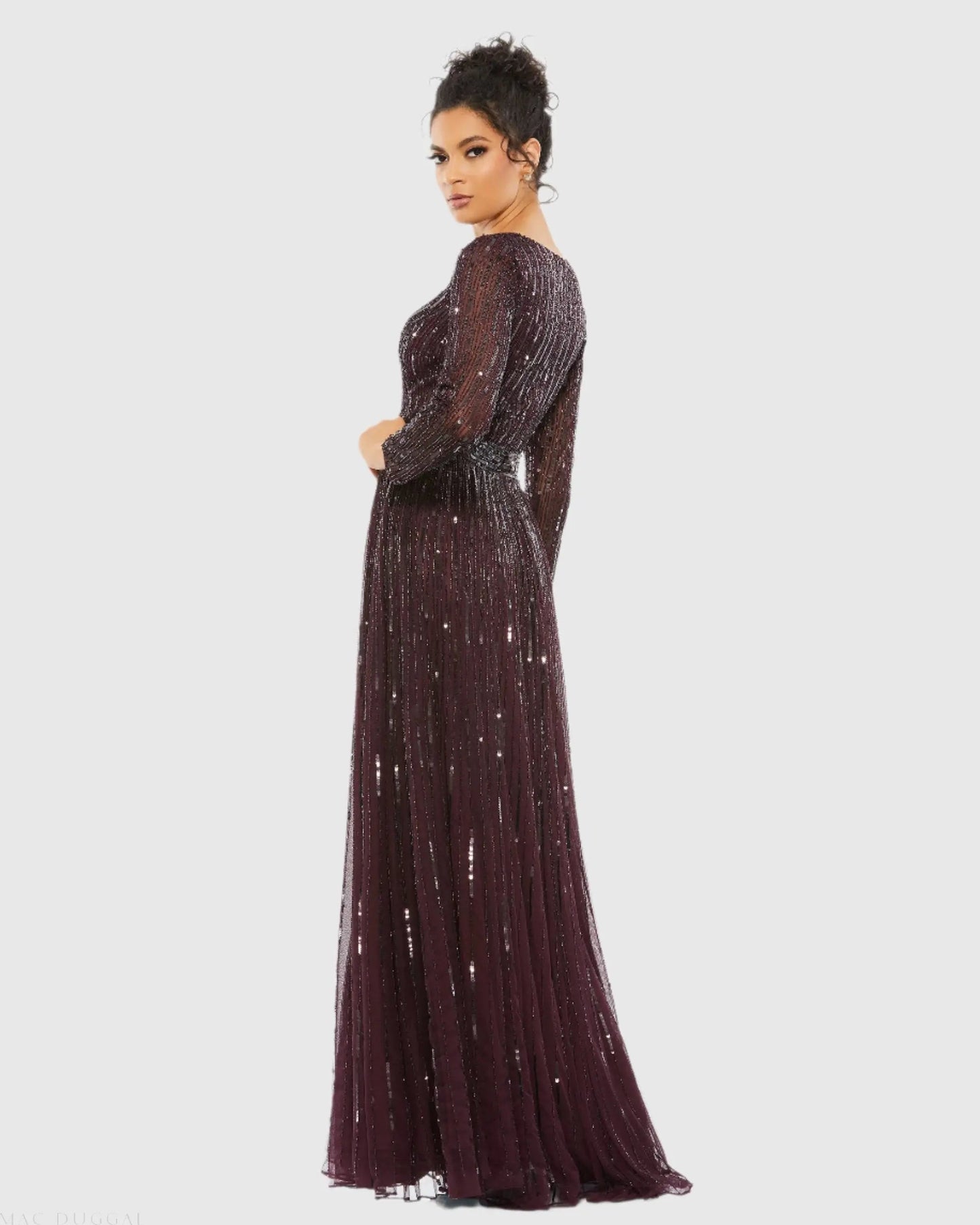 Red Sequined V Neck Illusion Sleeve A Line Gown