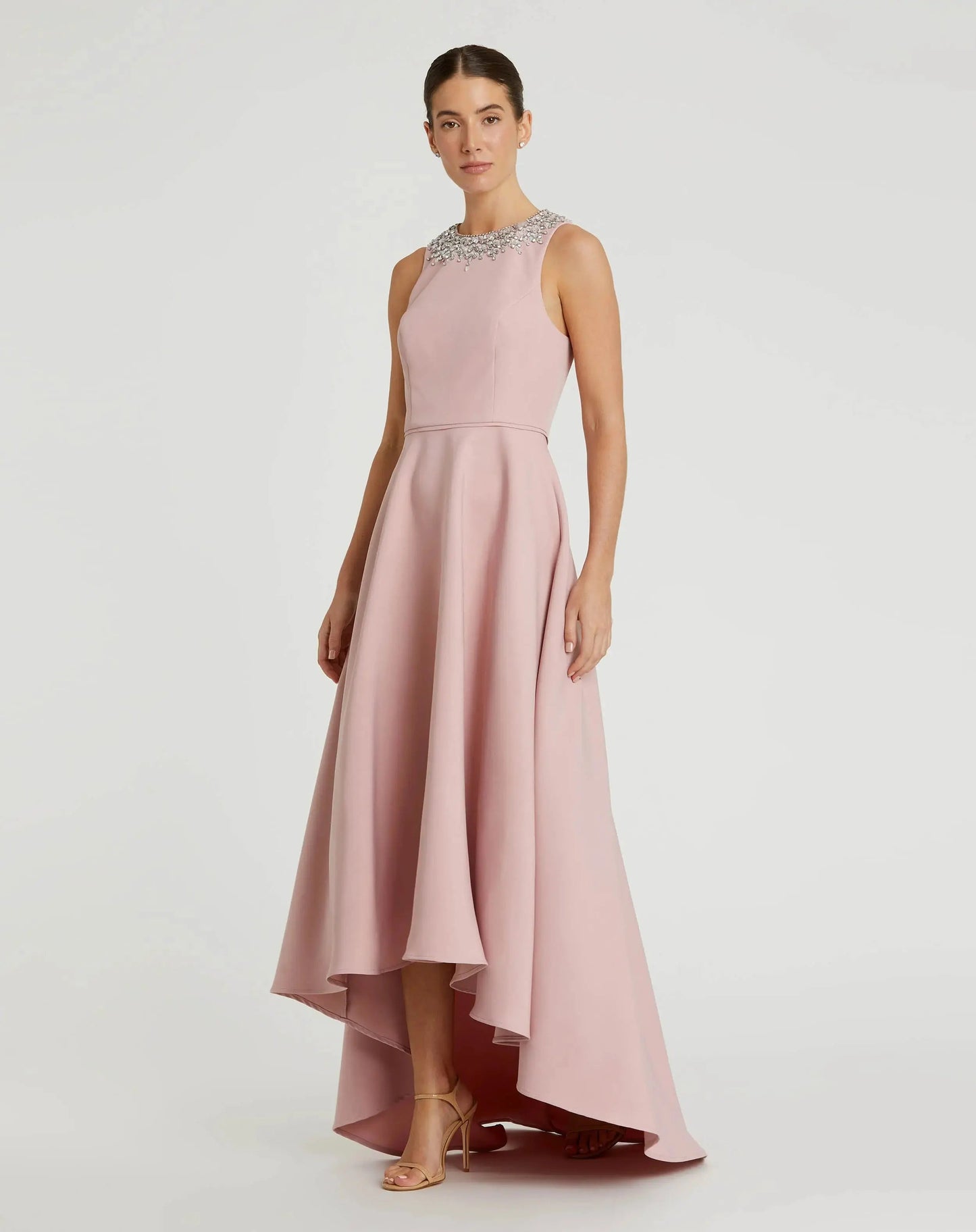 Crepe Embellished Neck High Low Gown