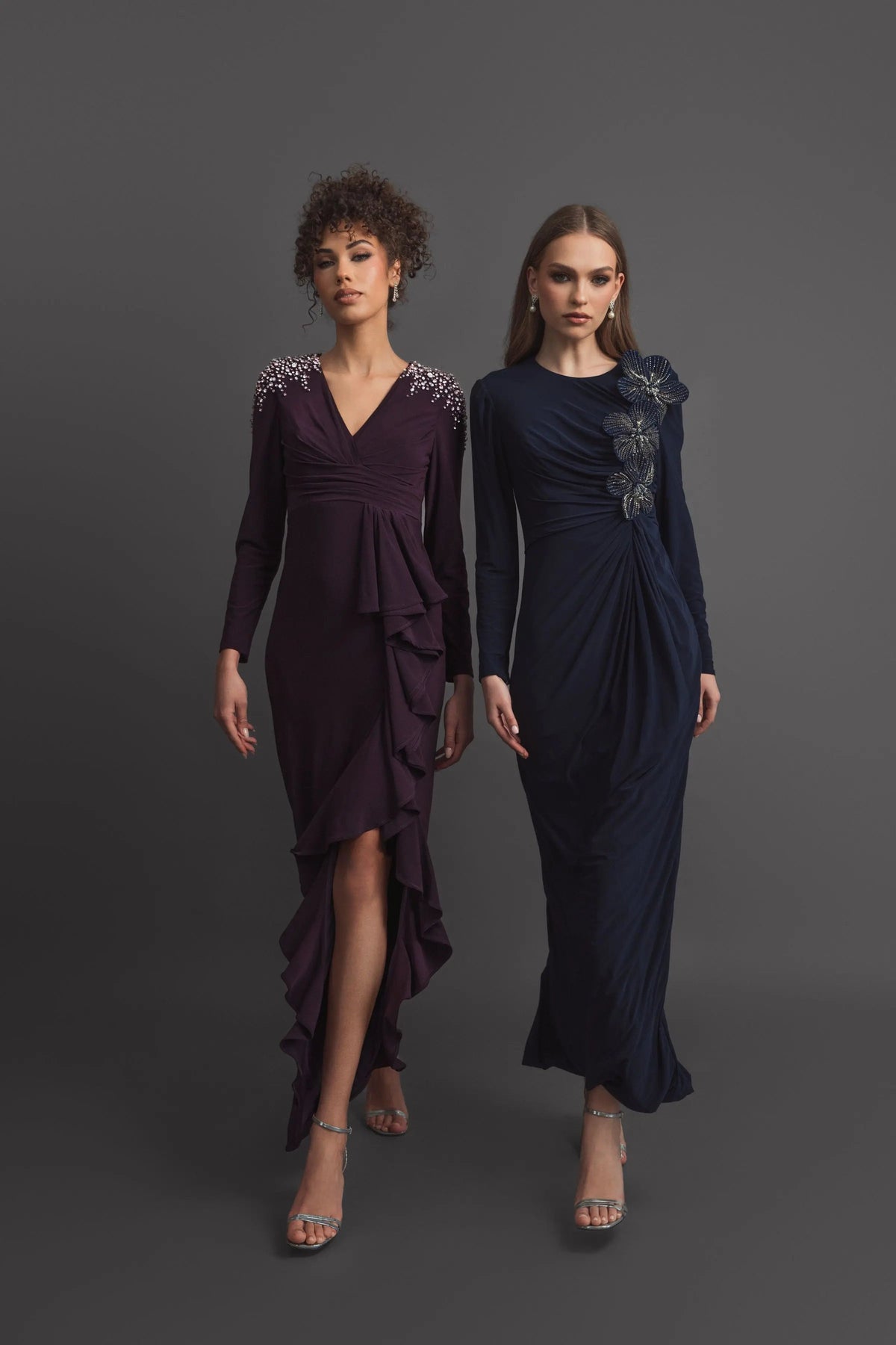 Purple Long Sleeve Gown with Cascading Ruffle & Rhinestone Shoulders