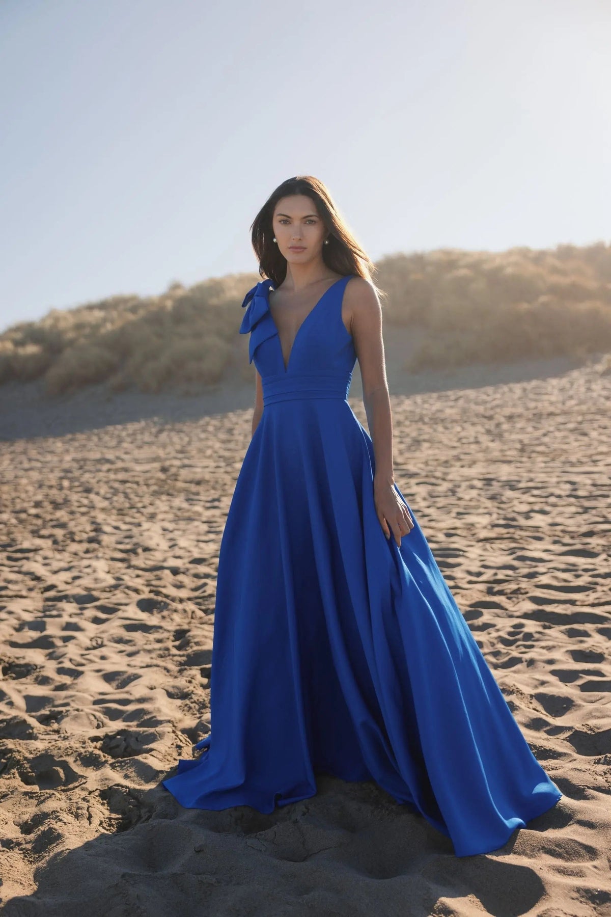 Blue Sleeveless Plunge Neck Ball Gown With Bow Detail