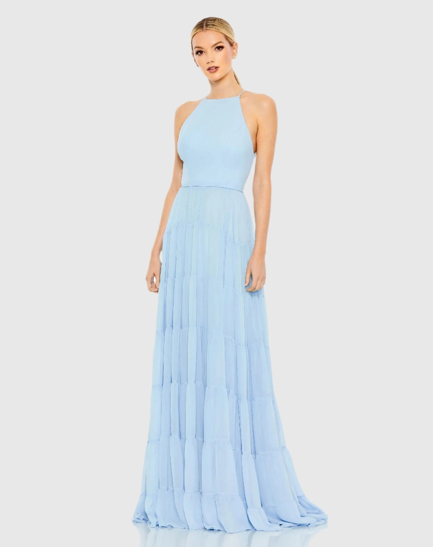 Blue Ruffle Tiered A Line Gown