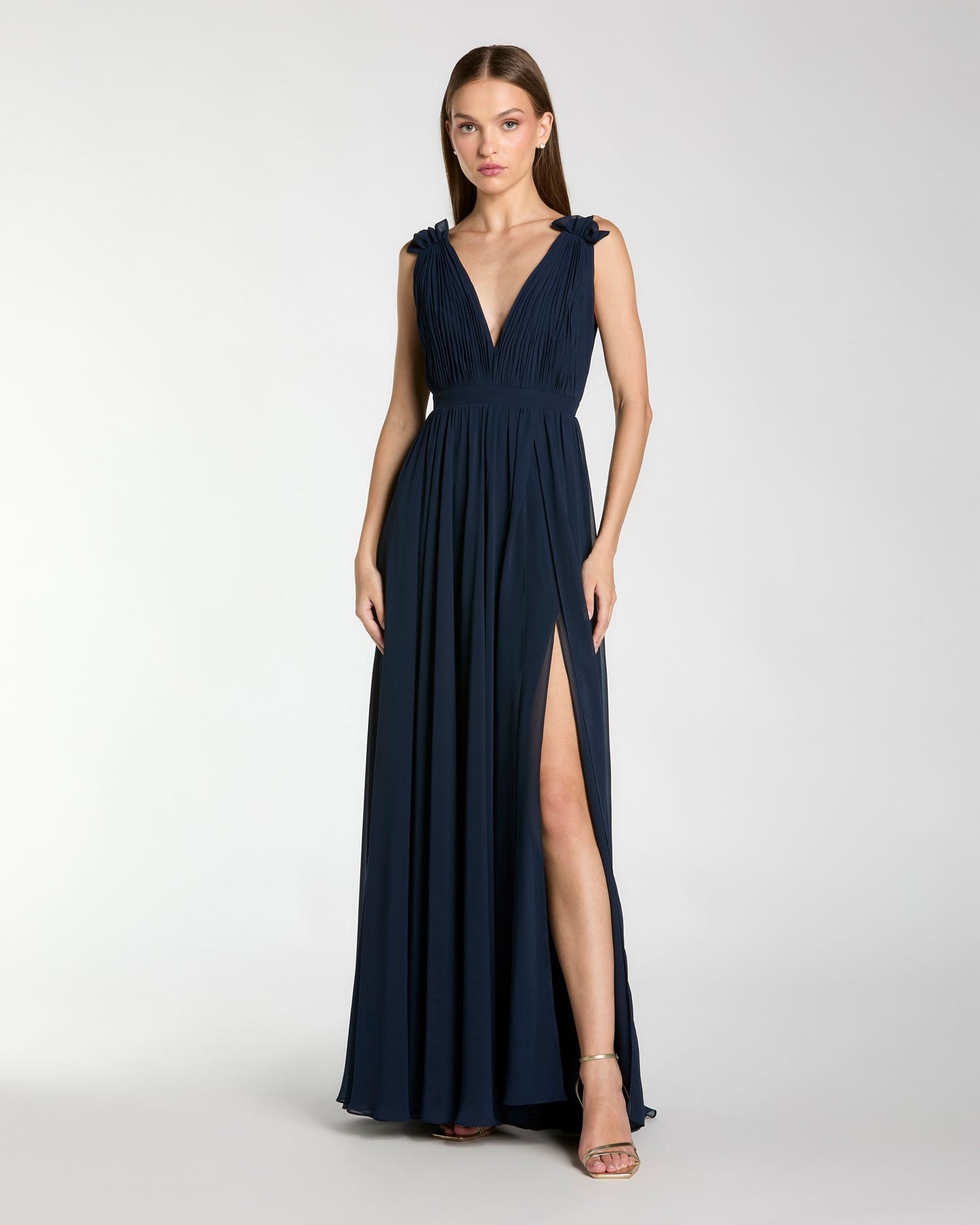 Navy Sleeveless Pleated Chiffon V-Neck Gown