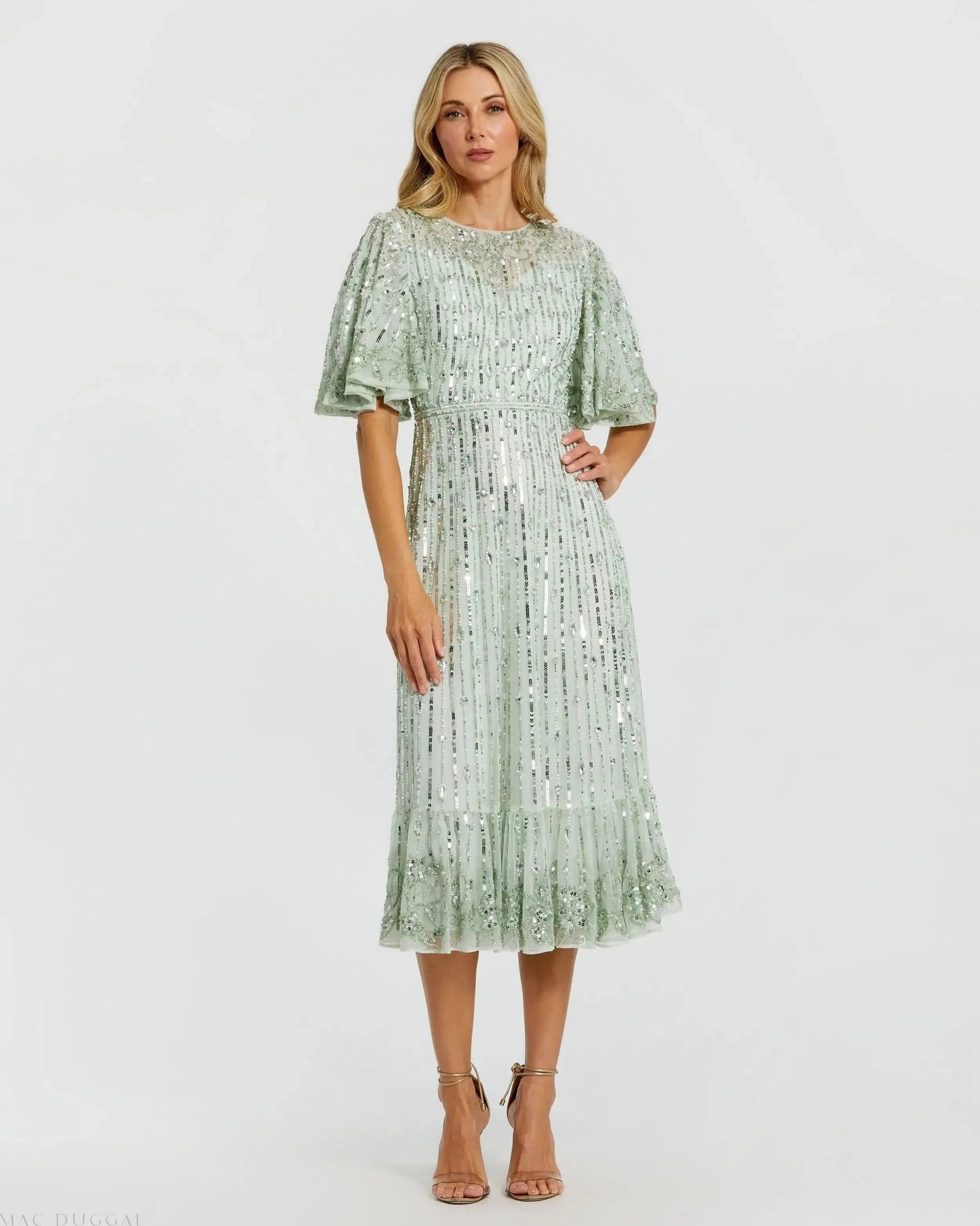 Green Flounce Sleeve Midi Dress