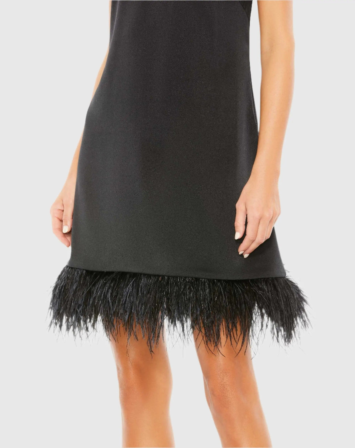 Black Feathered Hem High Neck Sleeveless Trapeze Dress - Final Sale