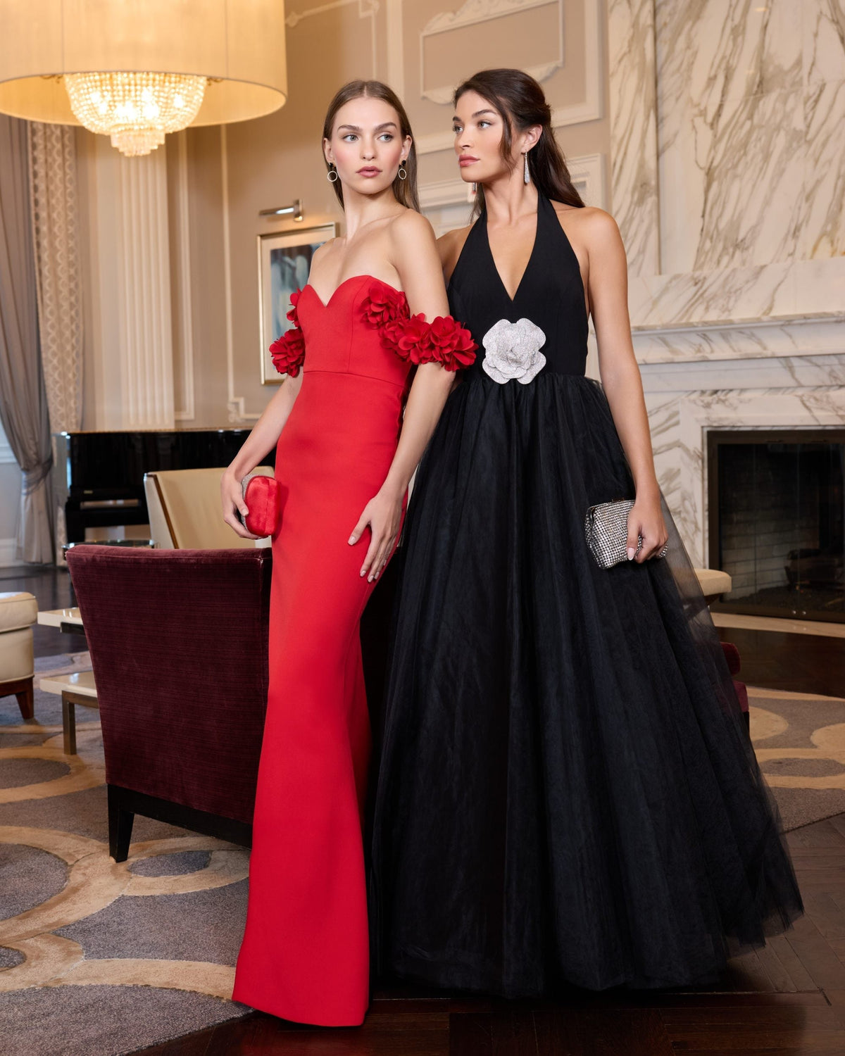 Black Halter Neck Ball Gown with Rhinestone Flower