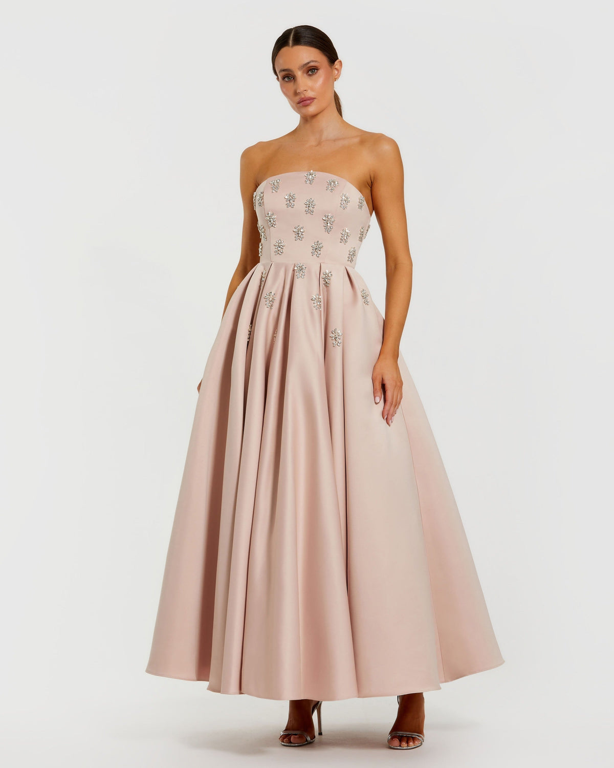Crystal Embellished Strapless Satin A-Line Dress