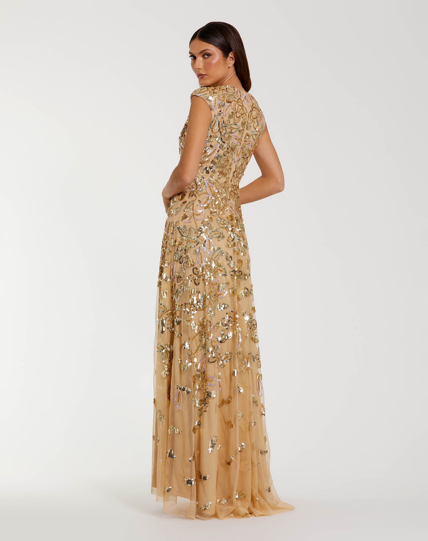 Gold Sequin High Neck Cap Sleeve A Line Gown