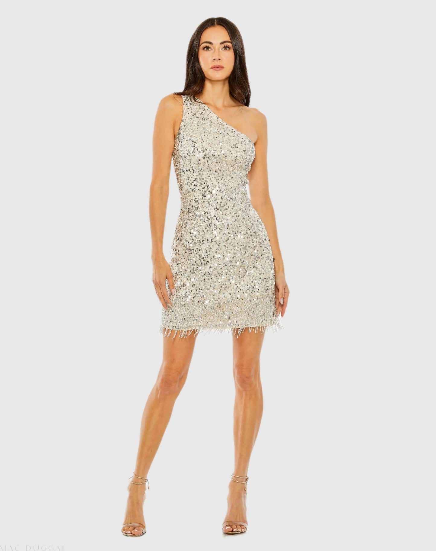 Silver One Shoulder Embellished Fringe Detail Dress