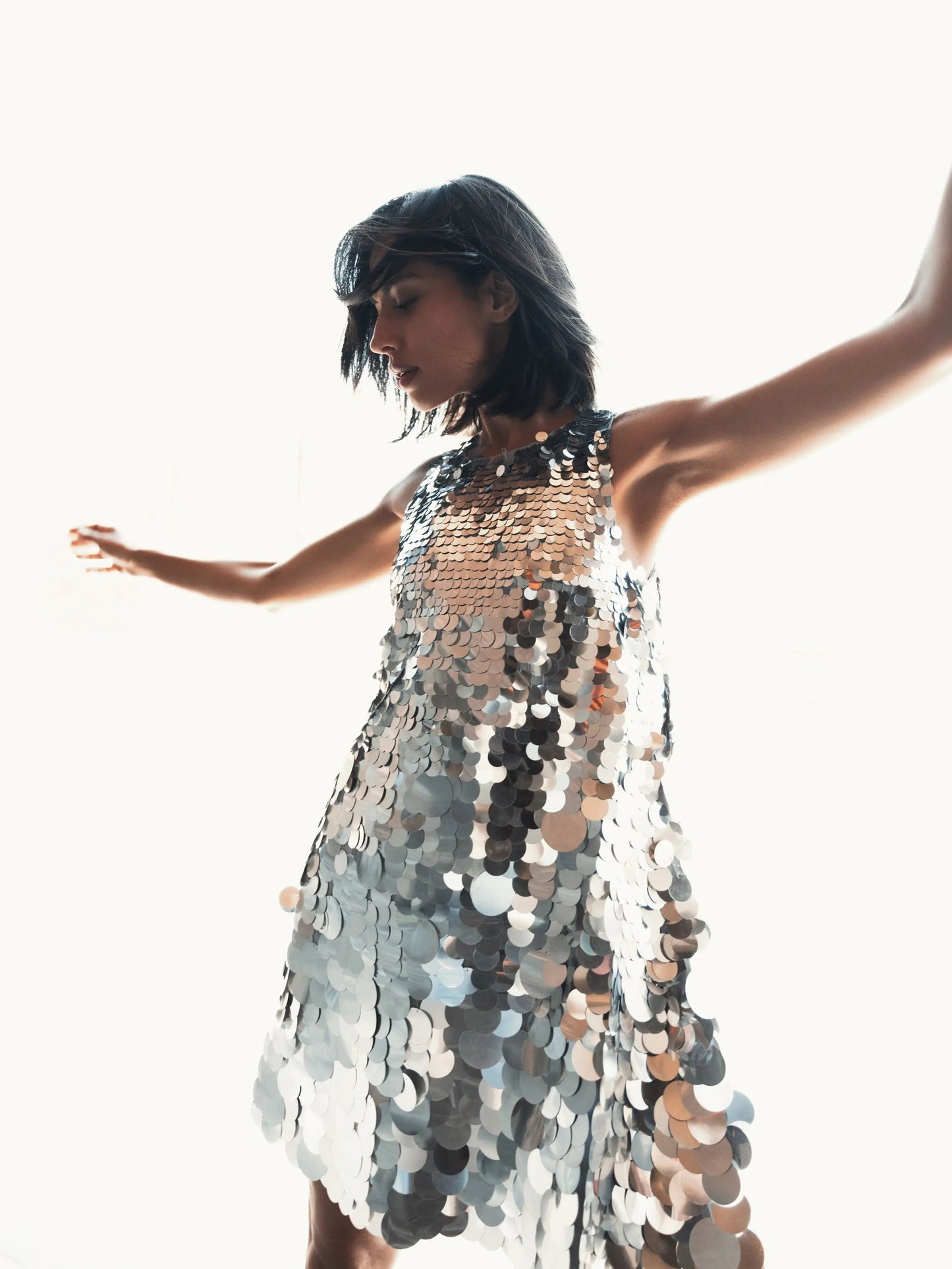 Silver Sleeveless Disc Sequin Trapeze Dress