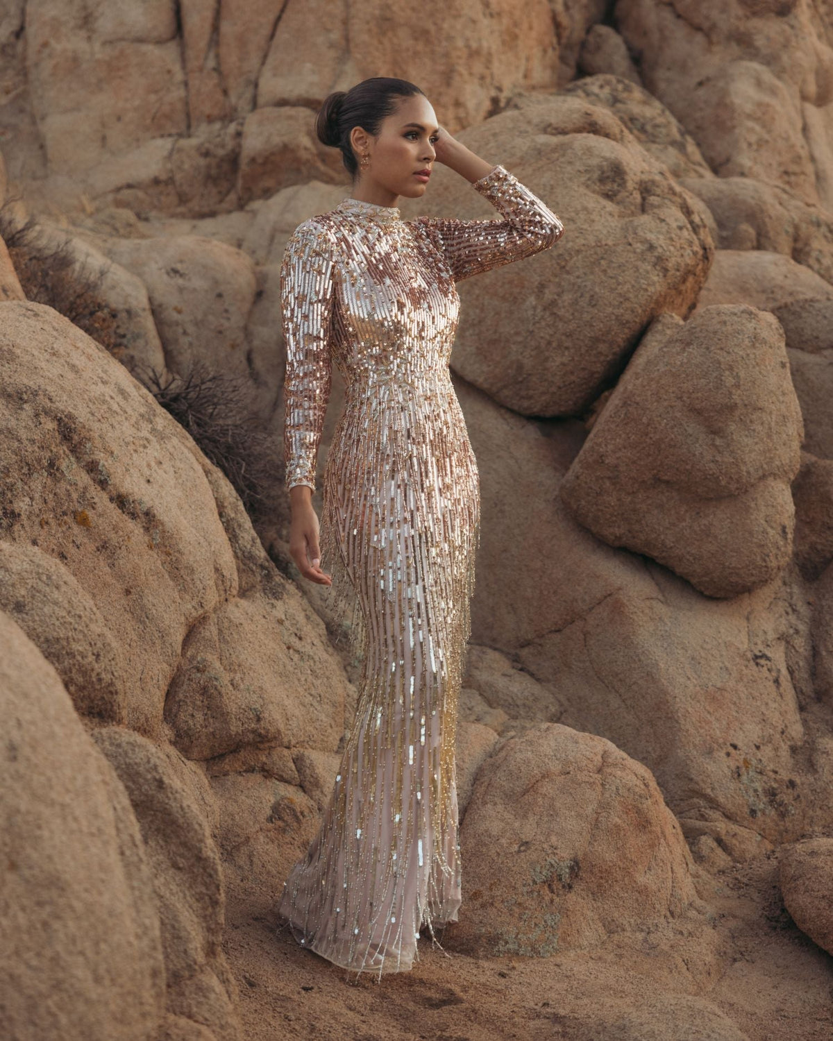 Pink Long Sleeve Fringe Embellished Column Gown