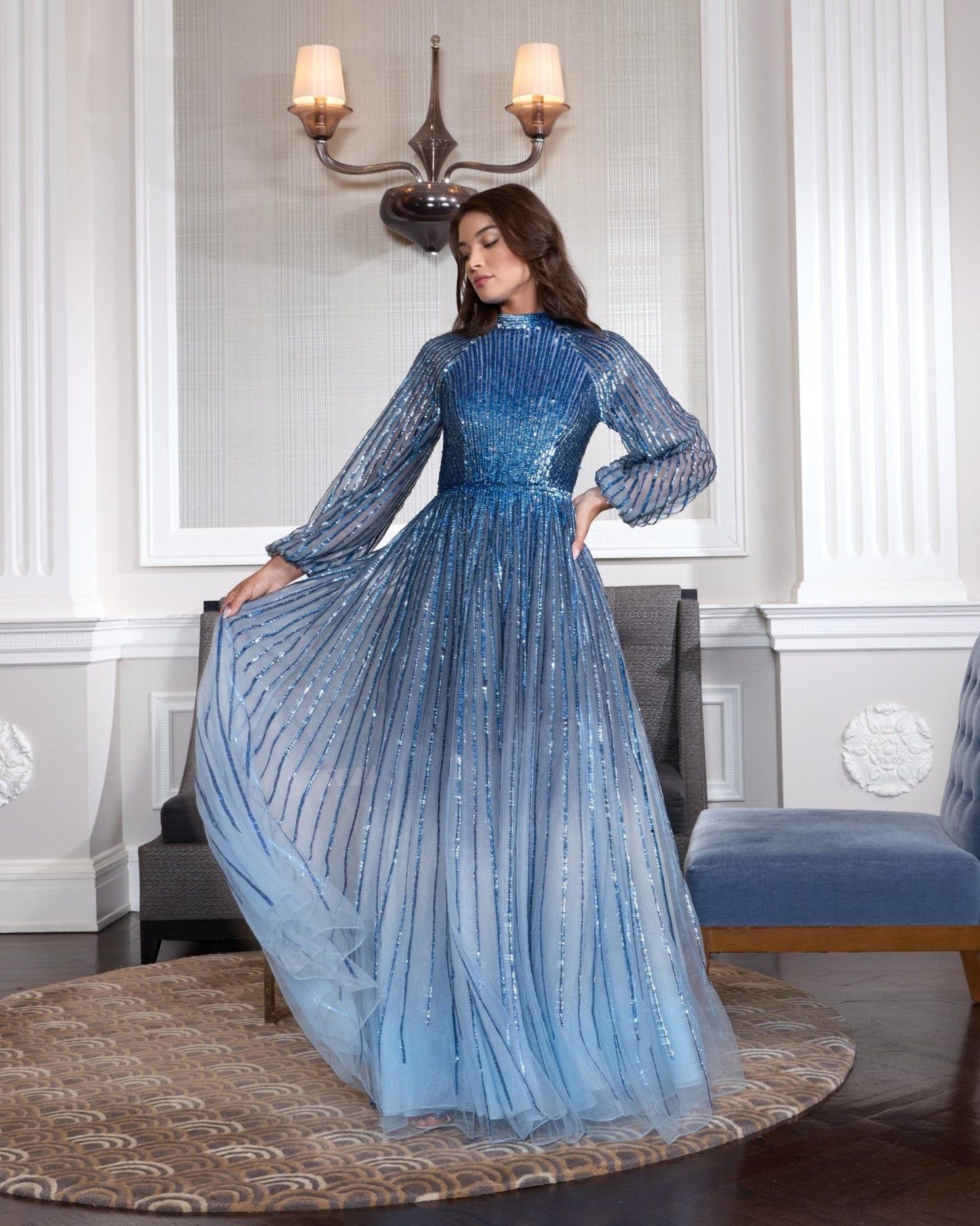 Blue Ombré Sequin Long Sleeve A-Line Evening Dress