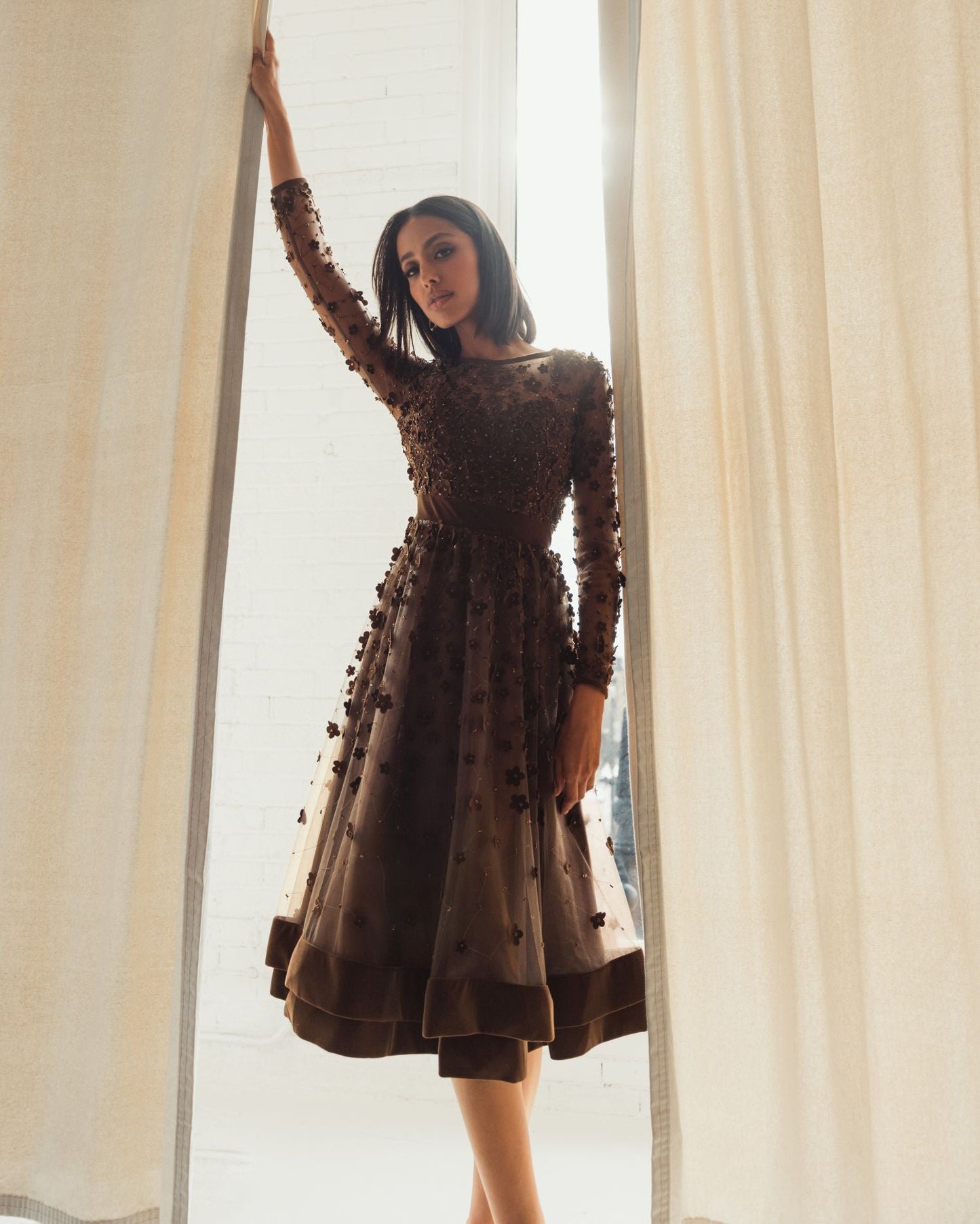 Embellished Illusion High Neck Long Sleeve Fit & Flare Dress