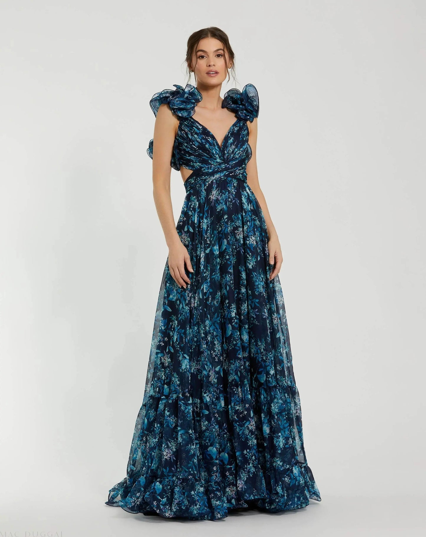Ruffle Tiered Floral Cut-Out Chiffon Gown