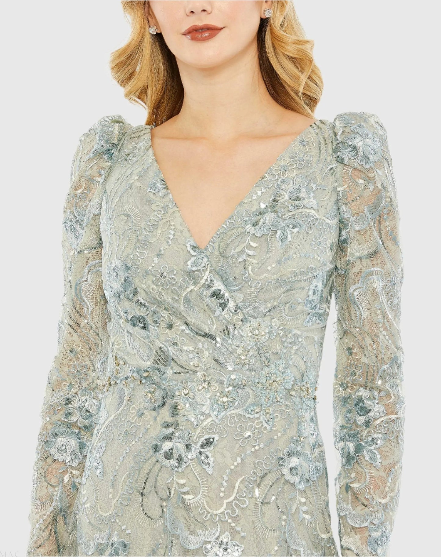 Green Embroidered Wrap Over Puff Sleeve Trumpet Gown