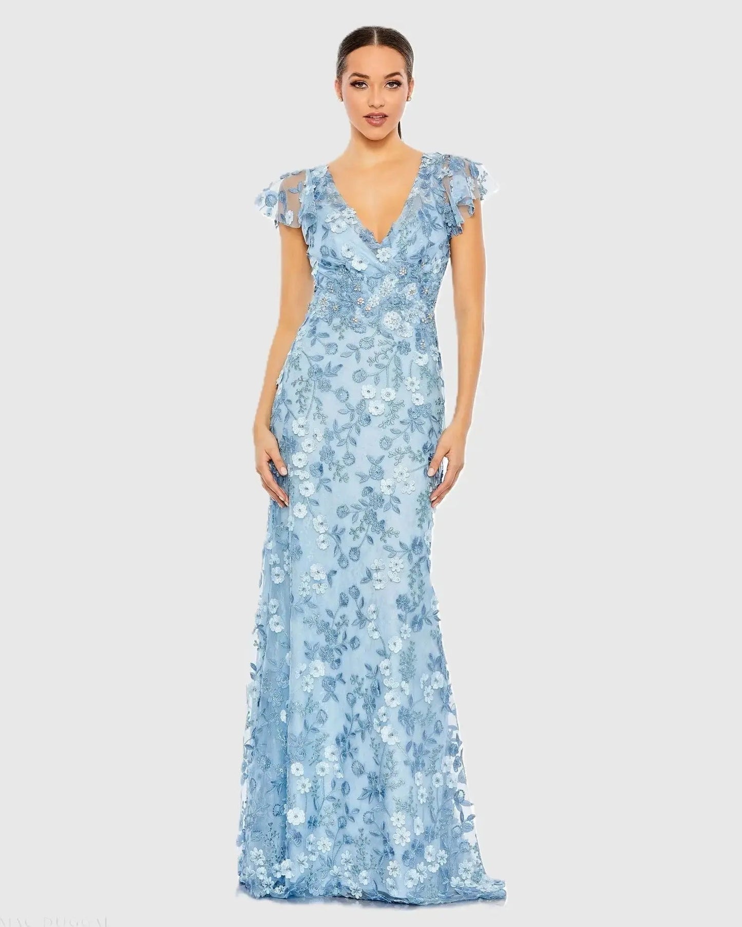 Embroidered Applique Wrap Over Flutter Sleeve Gown