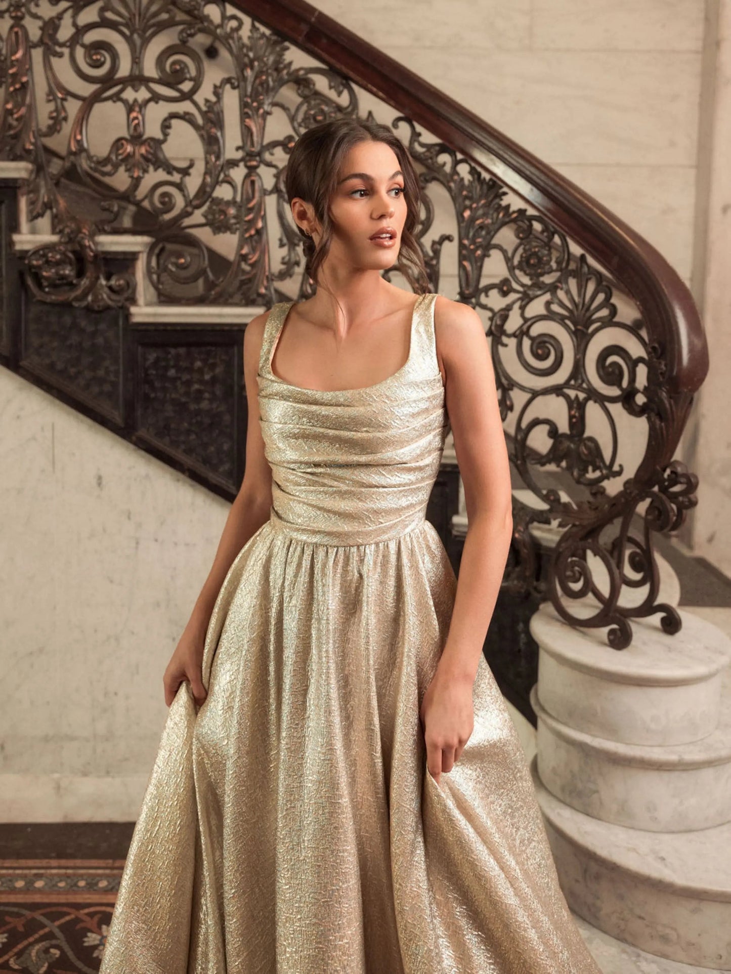 Gold Metallic Pleated Bodice Ball Gown