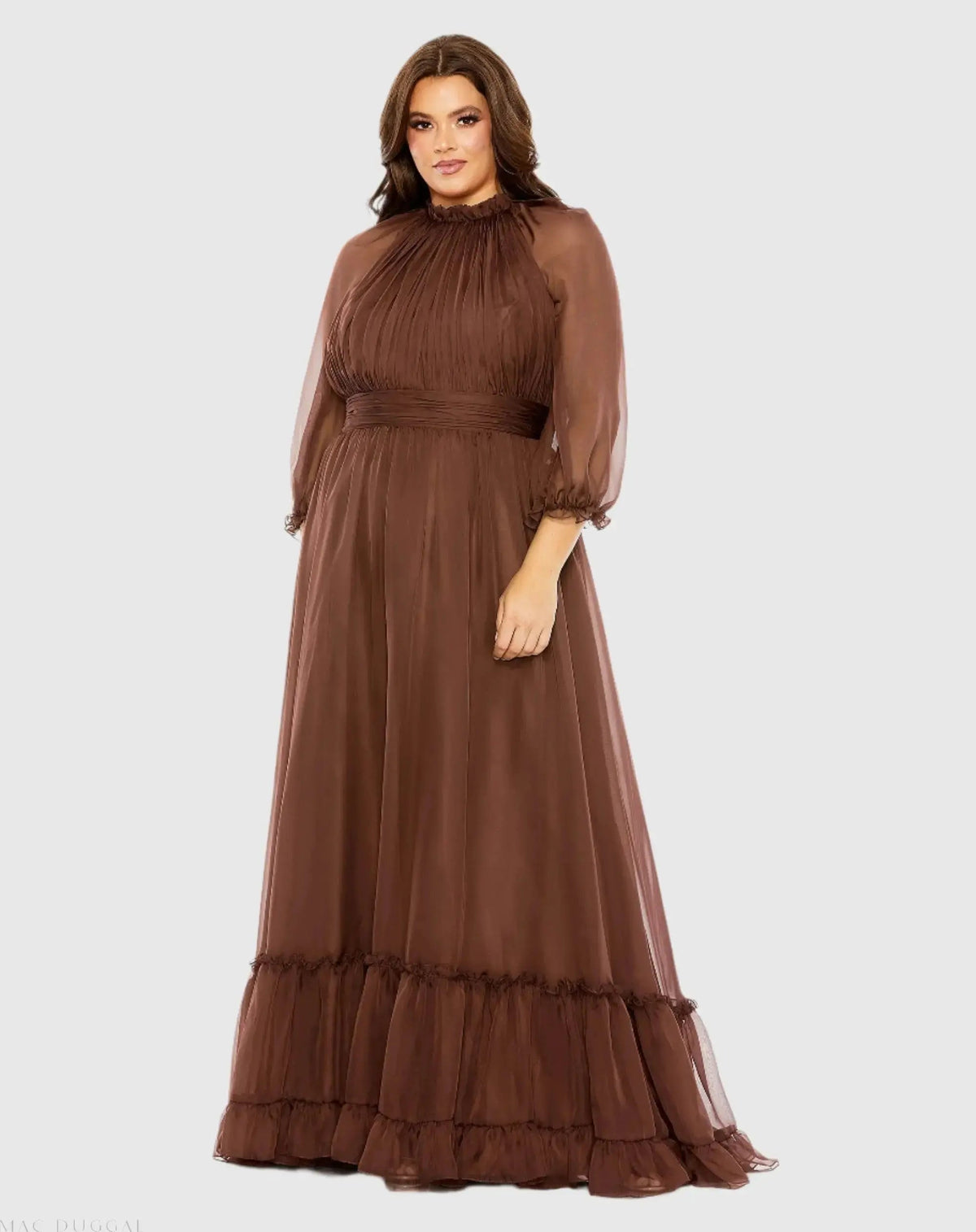 High Neck Puff Sleeve Tiered A Line Gown