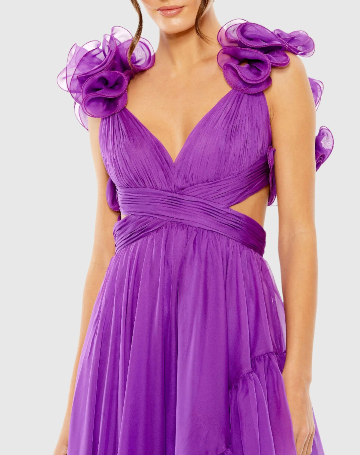 Purple Ruffle Tiered Cut-Out Chiffon High Low Gown