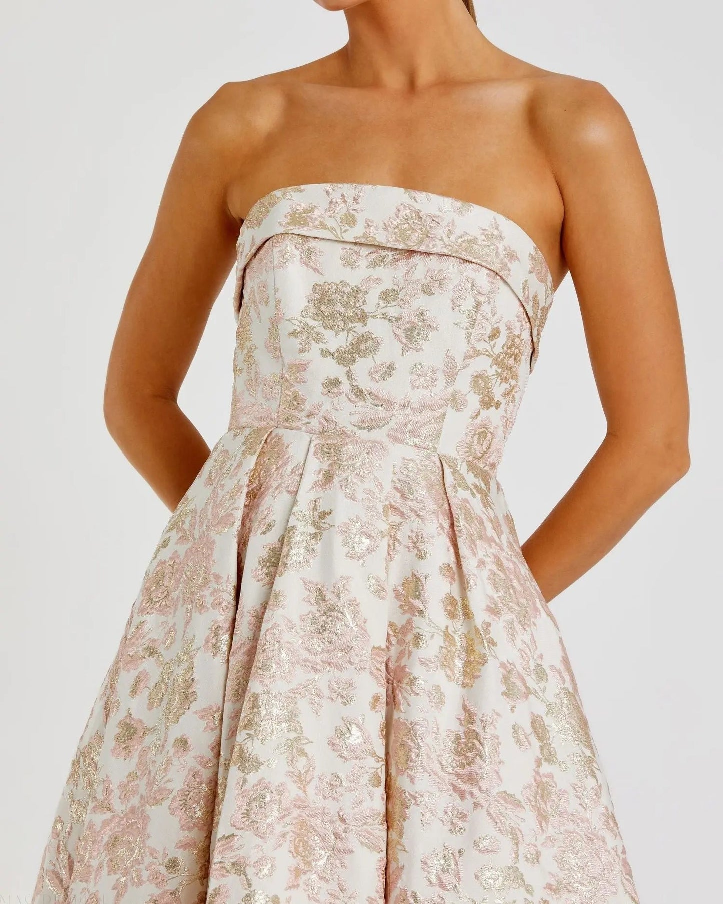Pink and White Strapless Floral Brocade A Line Midi Dress