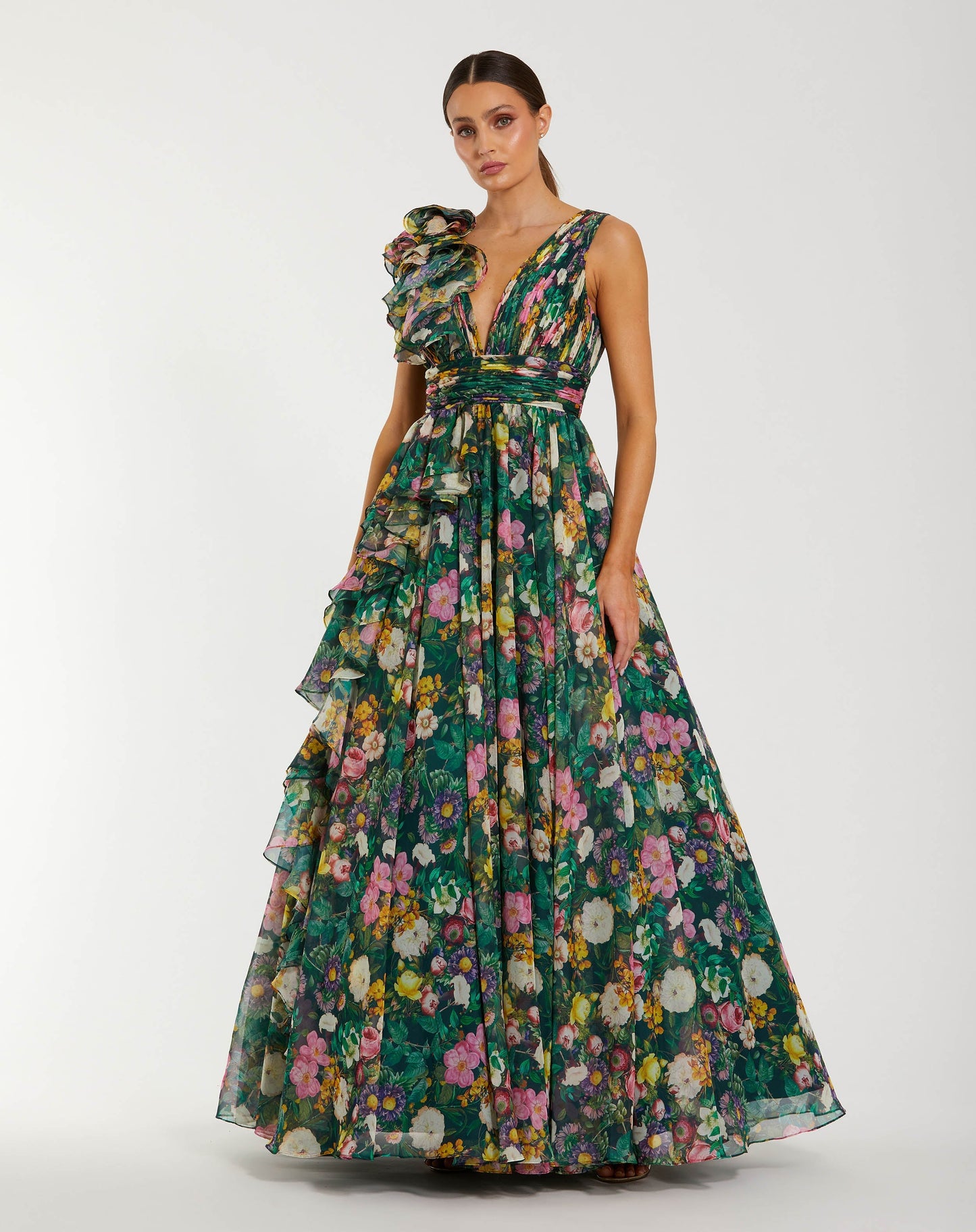 Sleeveless V-Neck Floral Chiffon Ruffle Ball Gown