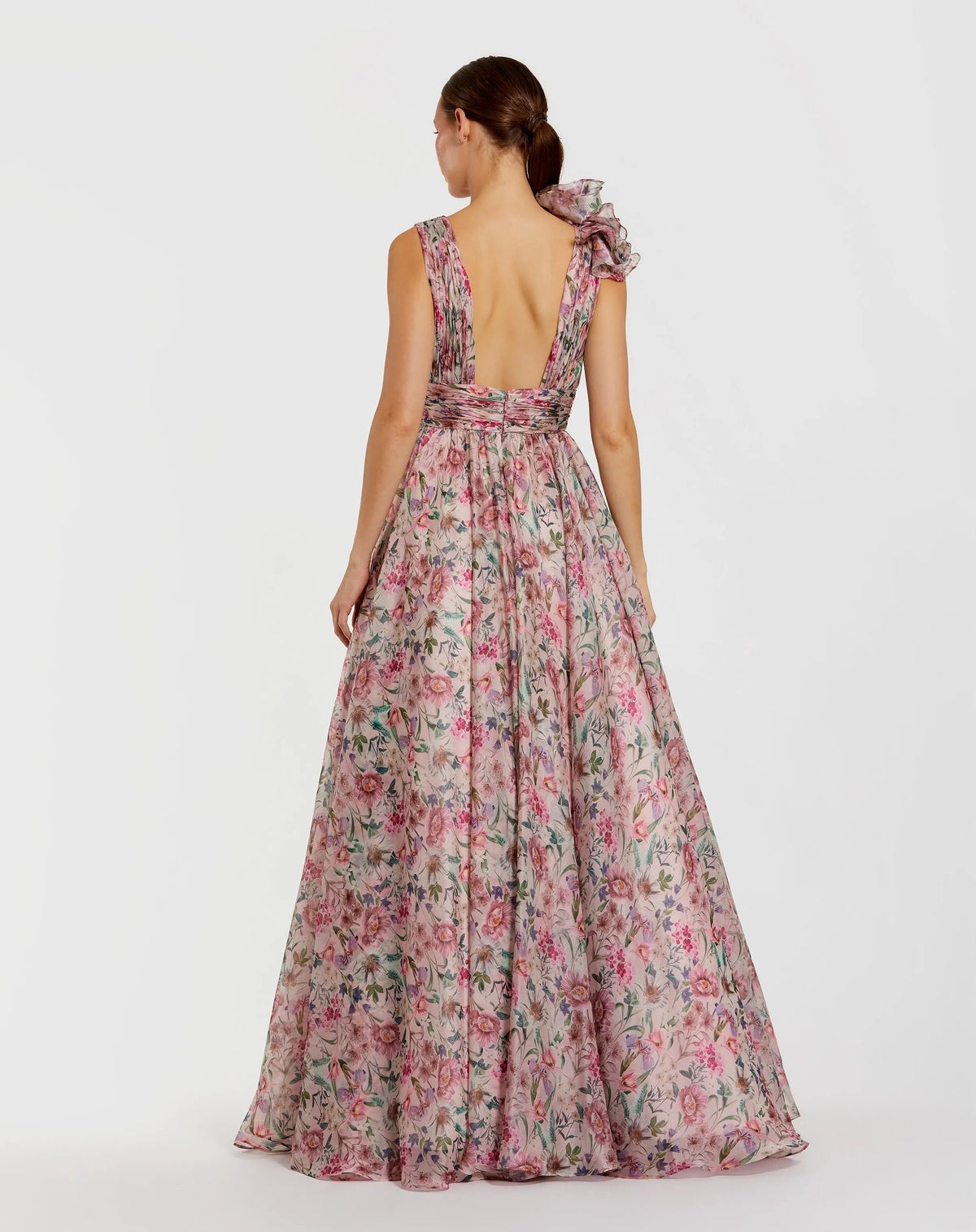 Pink Sleeveless V-Neck Floral Chiffon Ruffle Ball Gown