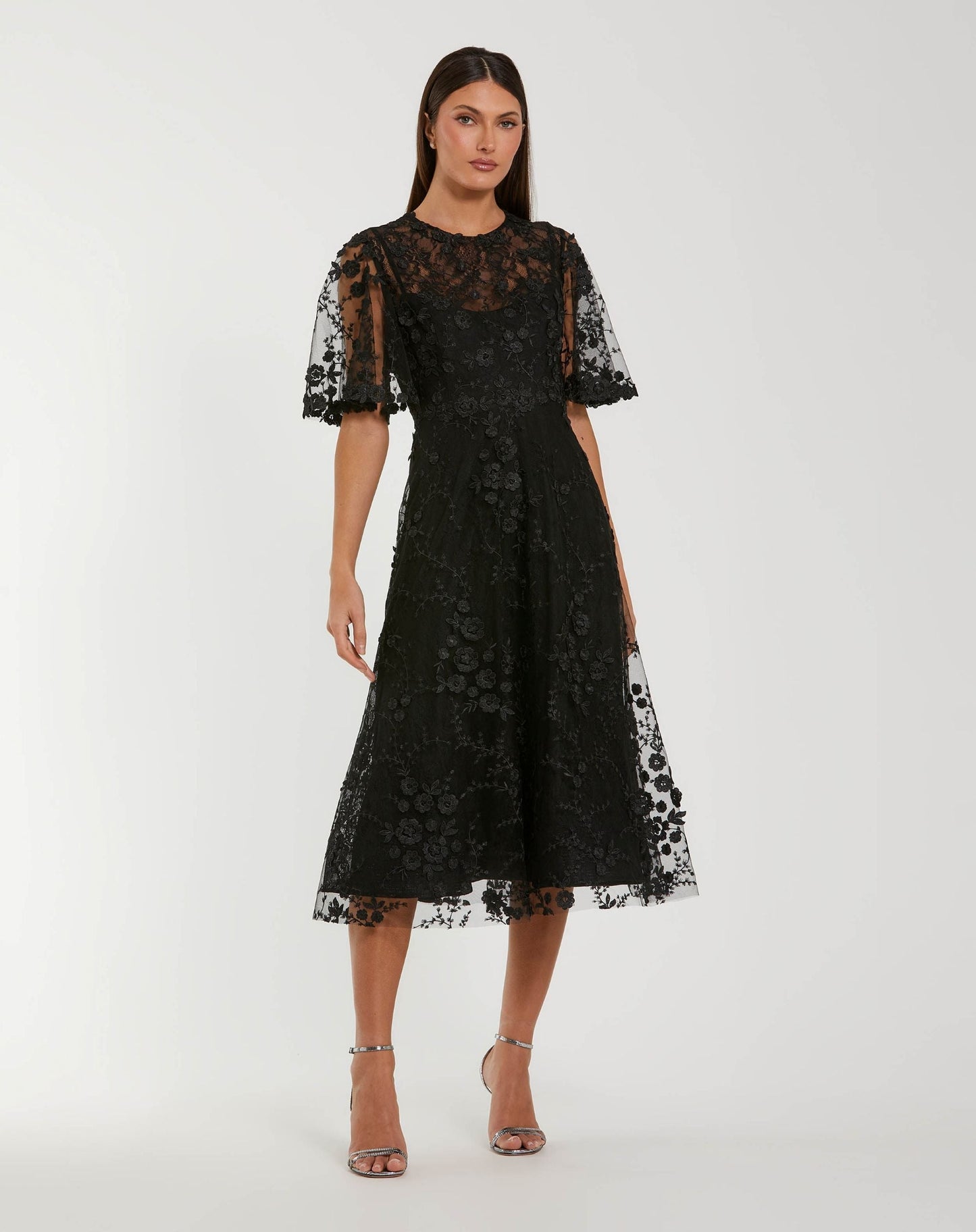 Floral Embroidered Mesh Midi Dress with Flutter Sleeves