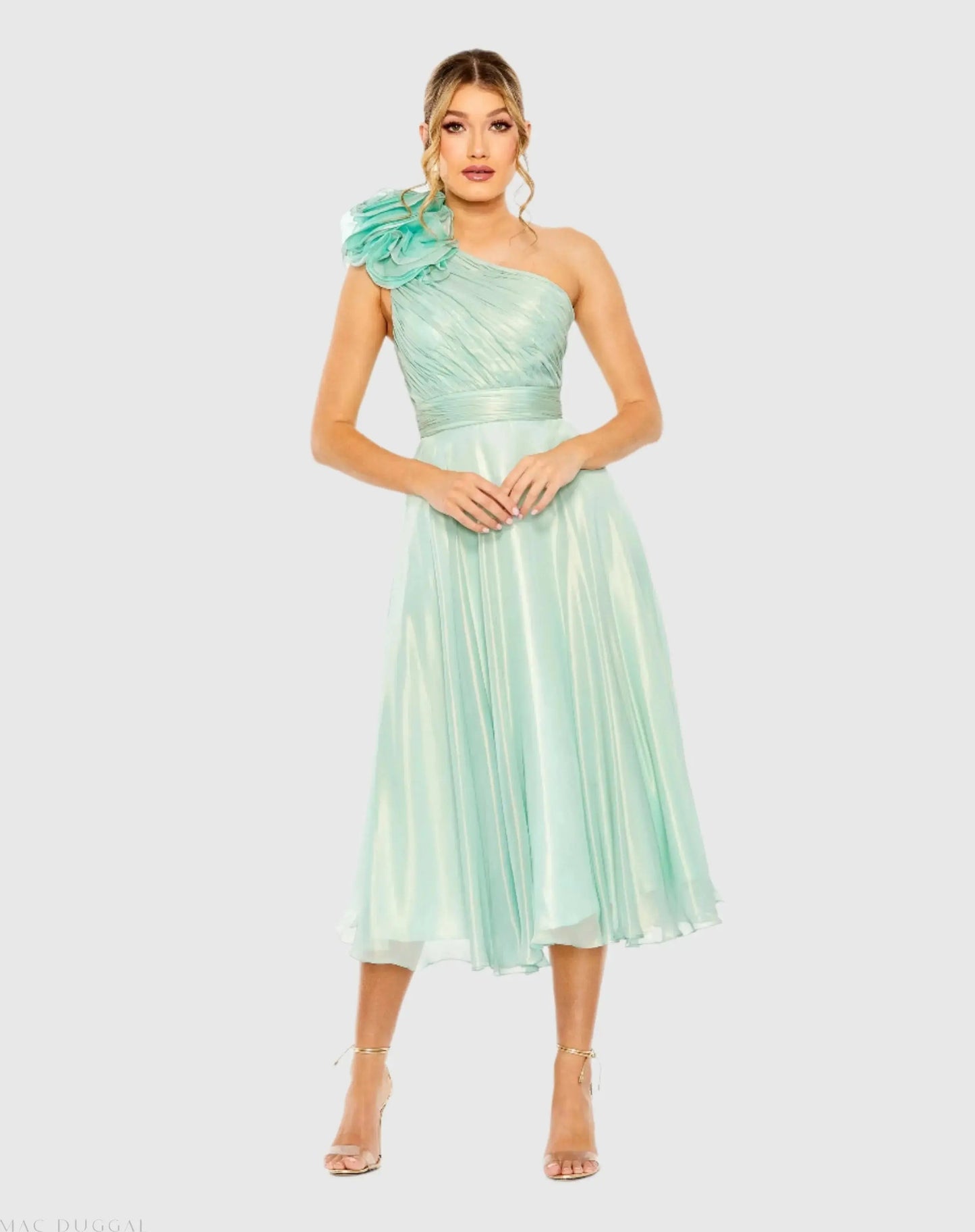 Green Rosette One Shoulder Tea Length Dress - FINAL SALE