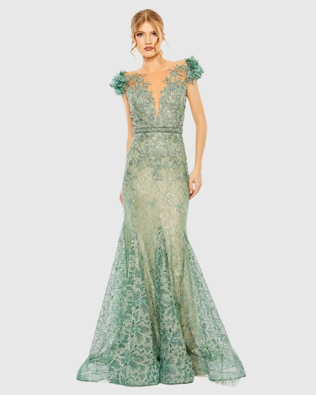 Embroidered Illusion Appliqued Bodice Trumpet Gown