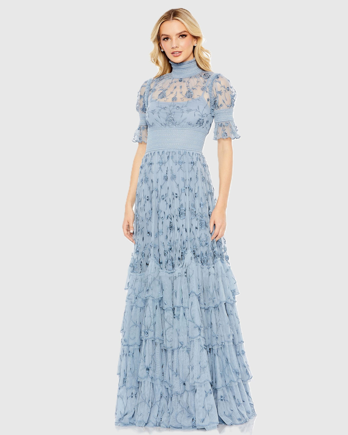 Embroidered Floral Tiered Smock Neck Gown
