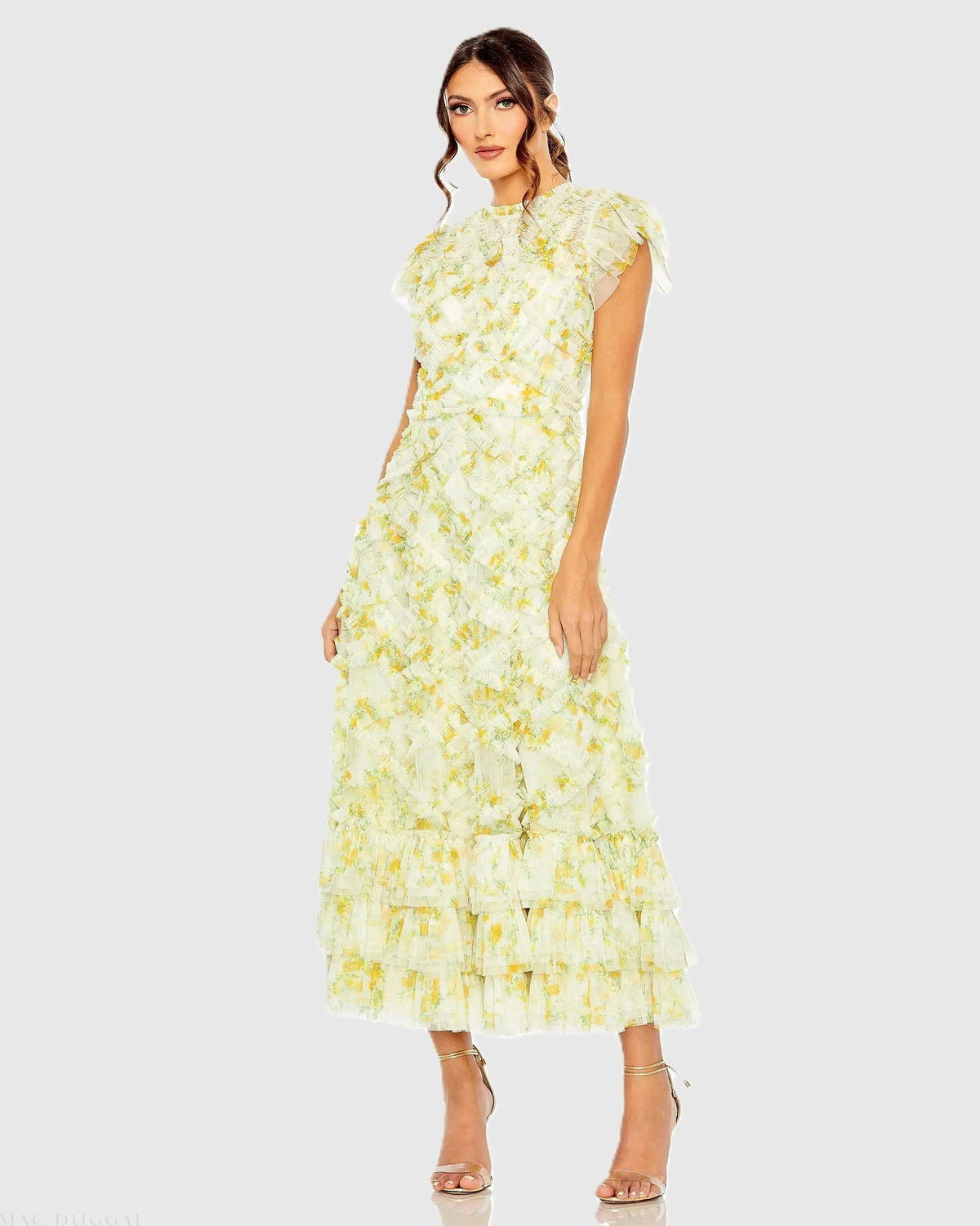 High Neck Ruffle Cap Sleeve Floral Dress