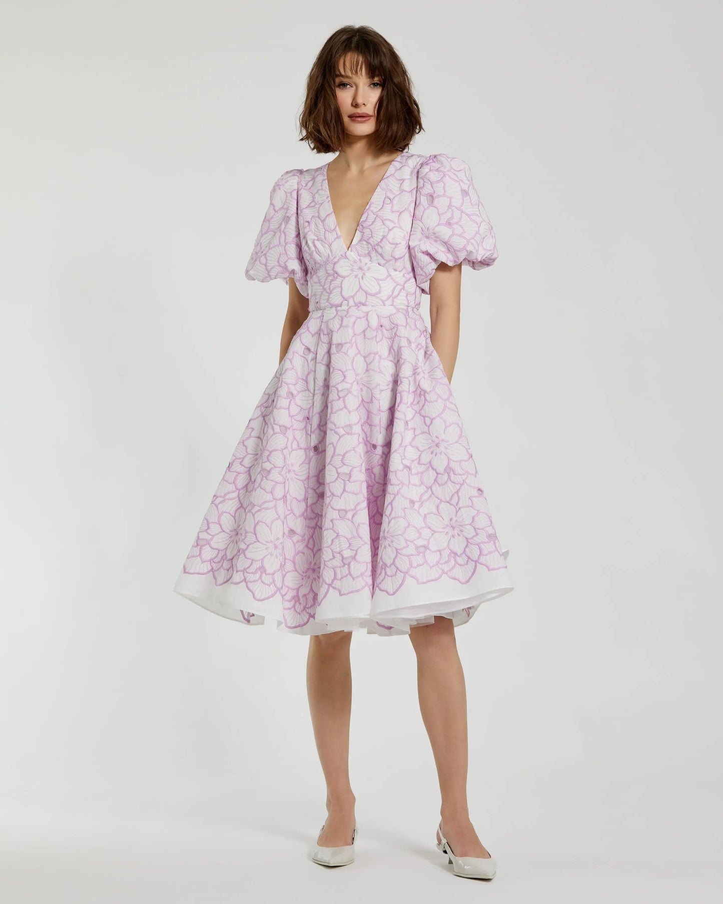 Multicolor Embroidered Floral Puff Sleeve Midi Dress