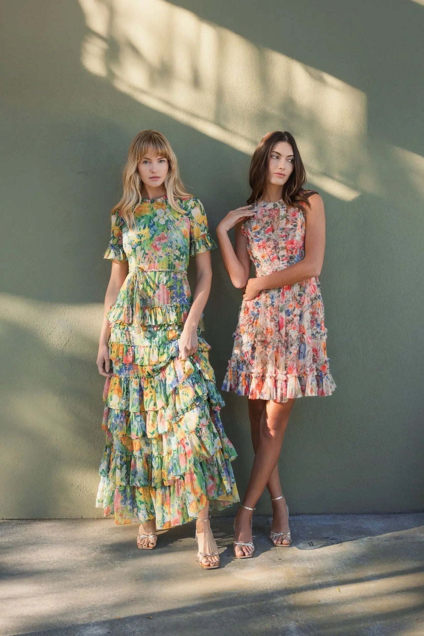 Green Ruffle Tiered Chiffon Floral Dress