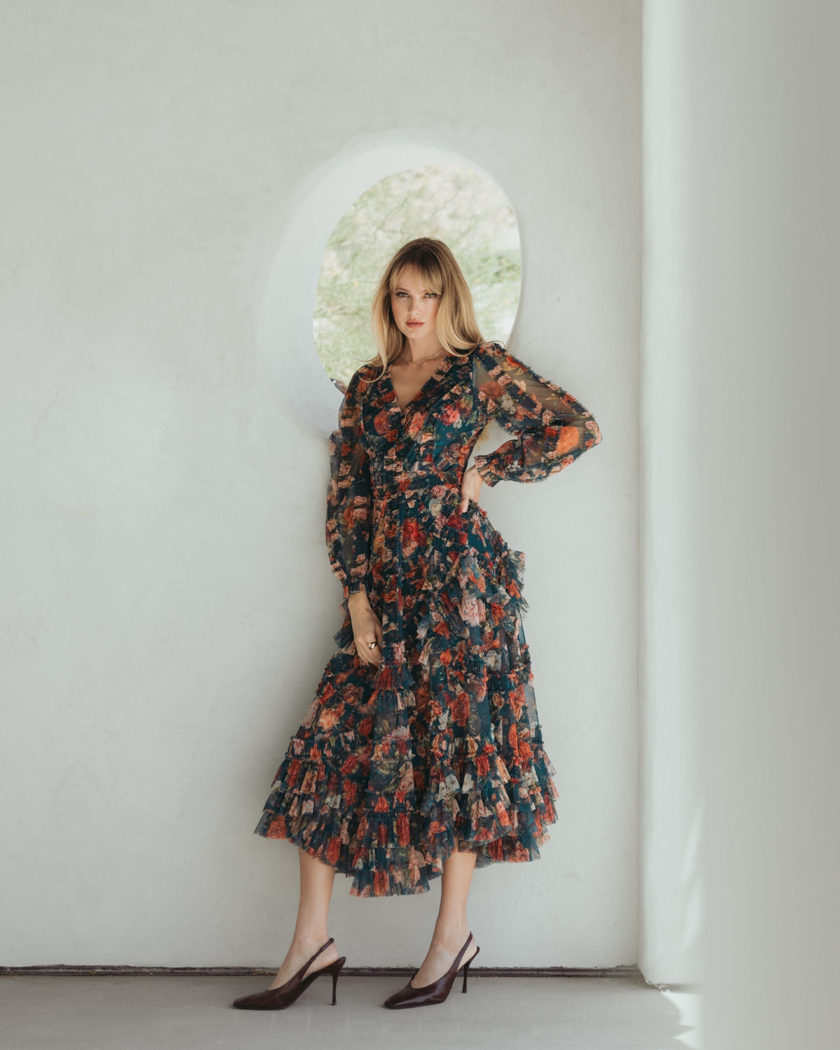 Teal Long Sleeve Floral Midi Dress With Ruffles
