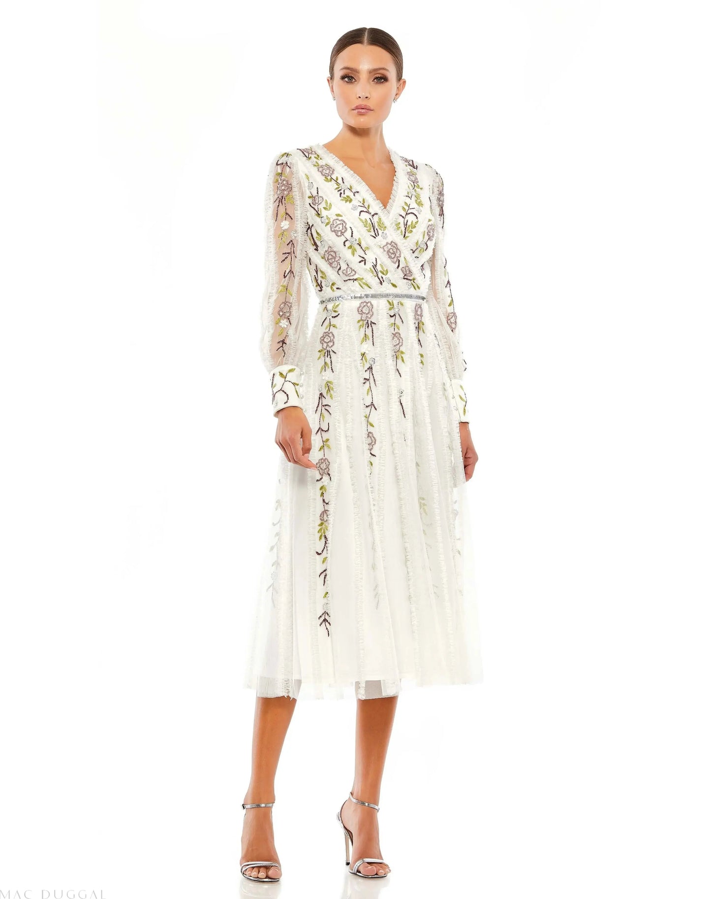 White Long Sleeve Embroidered Wrap Midi Dress